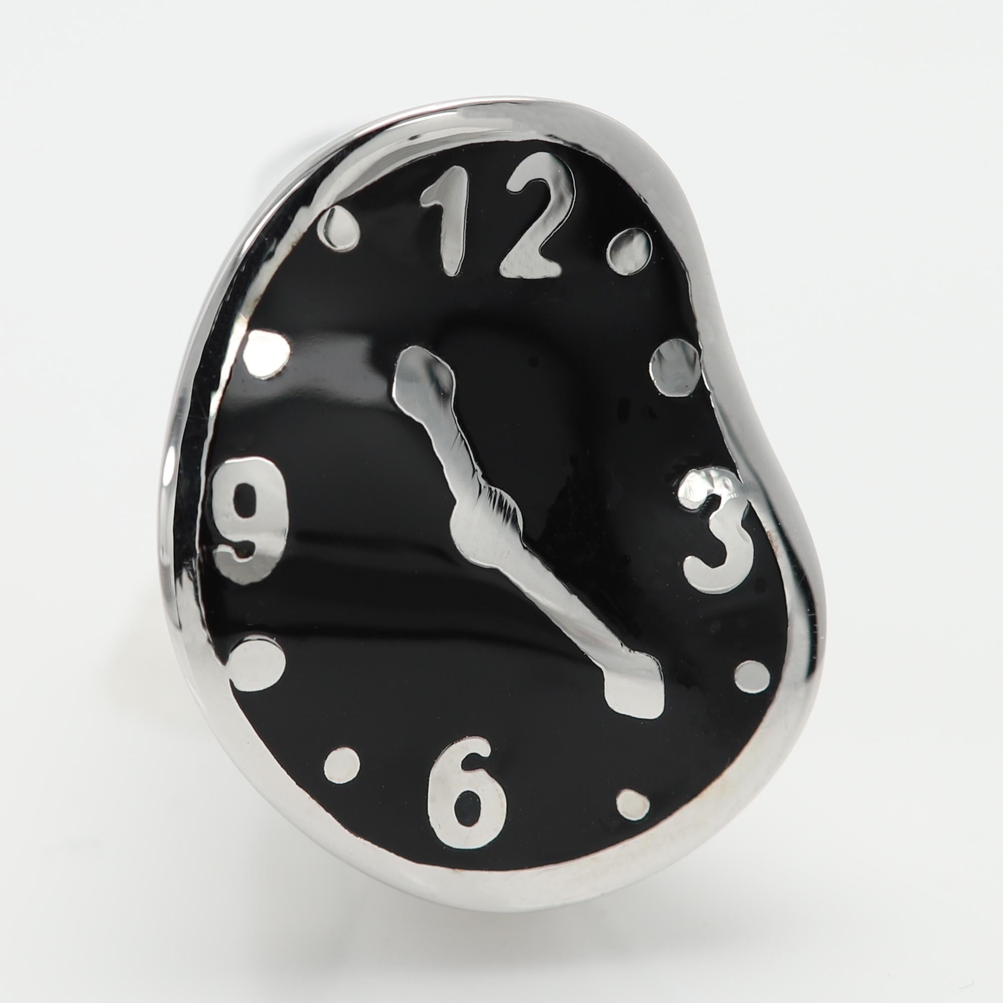 Melting Clock Inspired by Dali Art Ring Sterling Silver Black Enamel Dali Ring In New Condition For Sale In Brooklyn, NY