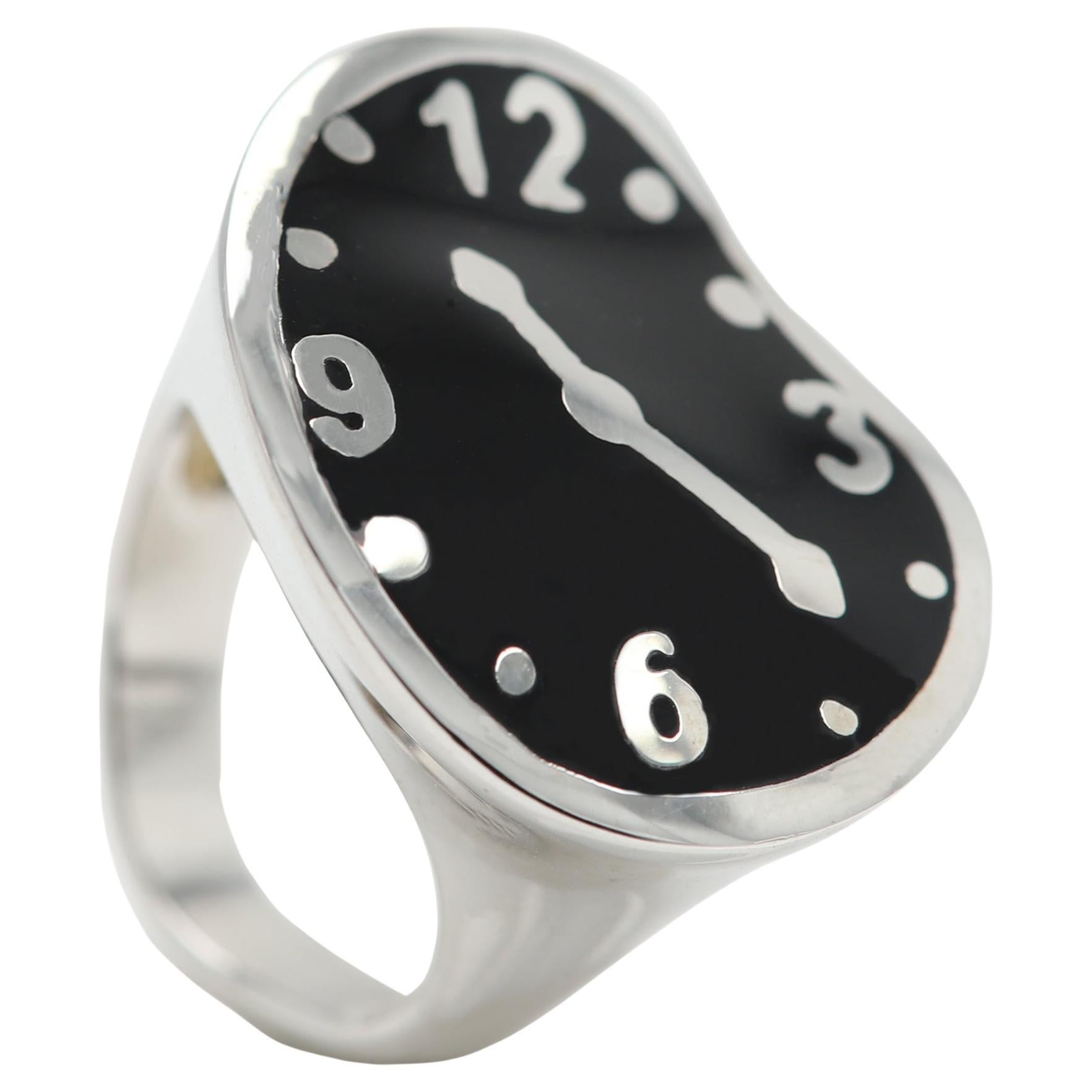 Melting Clock Inspired by Dali Art Ring Sterling Silver Black Enamel Dali Ring For Sale