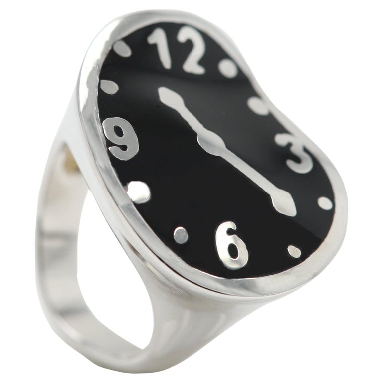 Melting Clock Inspired by Dali Art Ring Sterling Silver Black Enamel Dali  Ring For Sale at 1stDibs