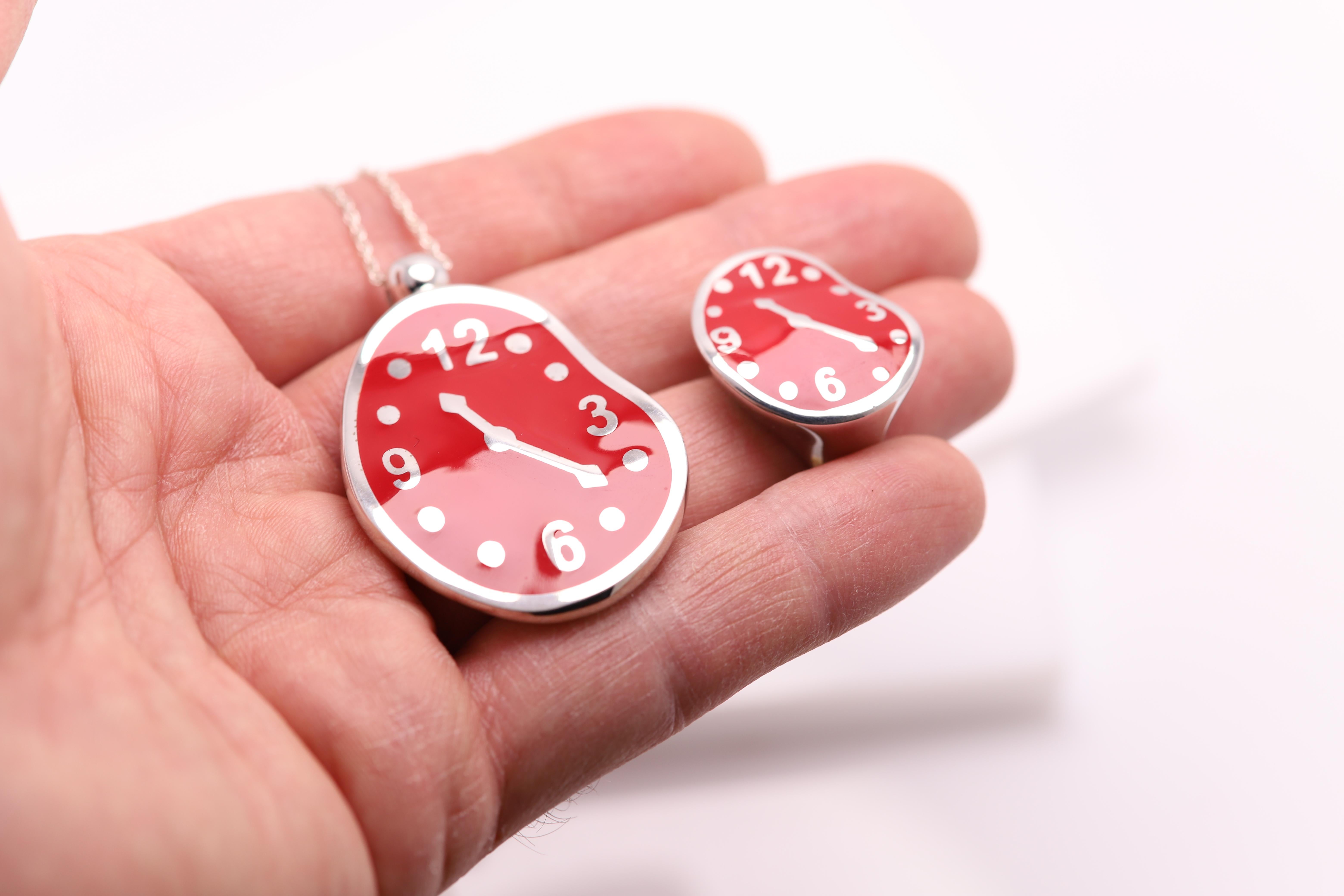 Artisan Melting Clock Set Art Dali Inspired Jewelry Sterling Silver 925 Art Jewelry For Sale