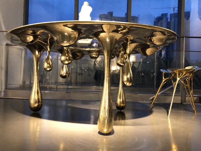 Melting Dining Table Round Polished Brass Table by Zhipeng Tan For Sale 1
