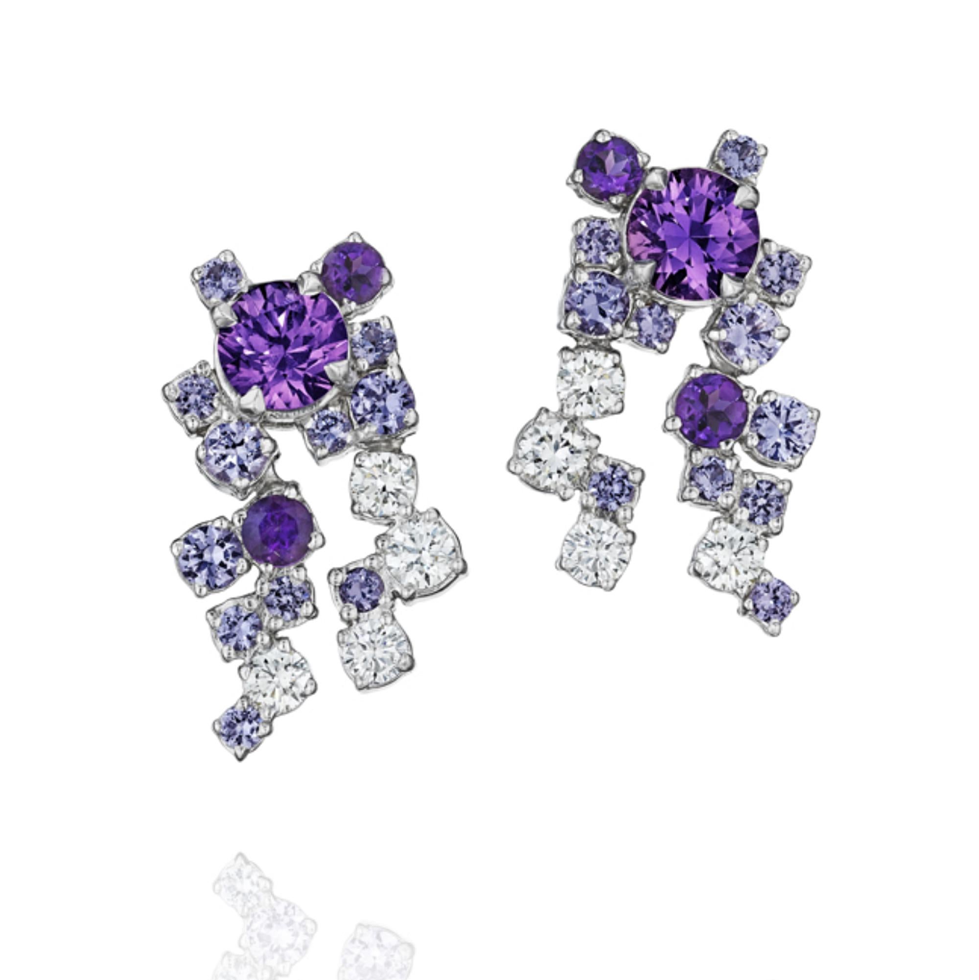 Specs: 18k white gold Melting Ice earrings with 1.23 carats of purple sapphires. 

Story: The Melting Ice collection by MadStone designer Kerri Halpern draws influence from its colorful gemstones creating playful designs.