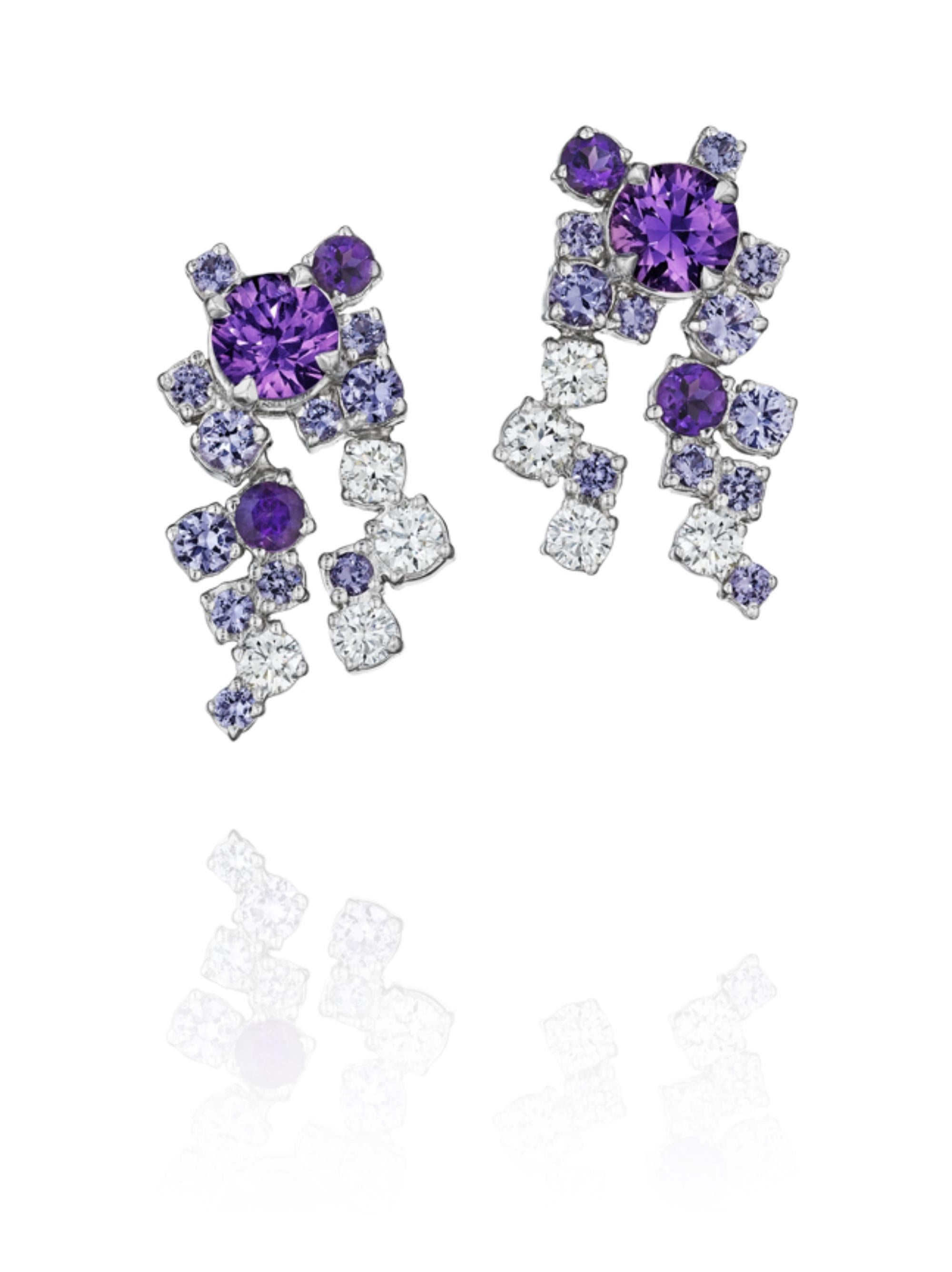 Artisan Melting Ice 18k White Gold Purple Sapphire Earrings by MadStone For Sale