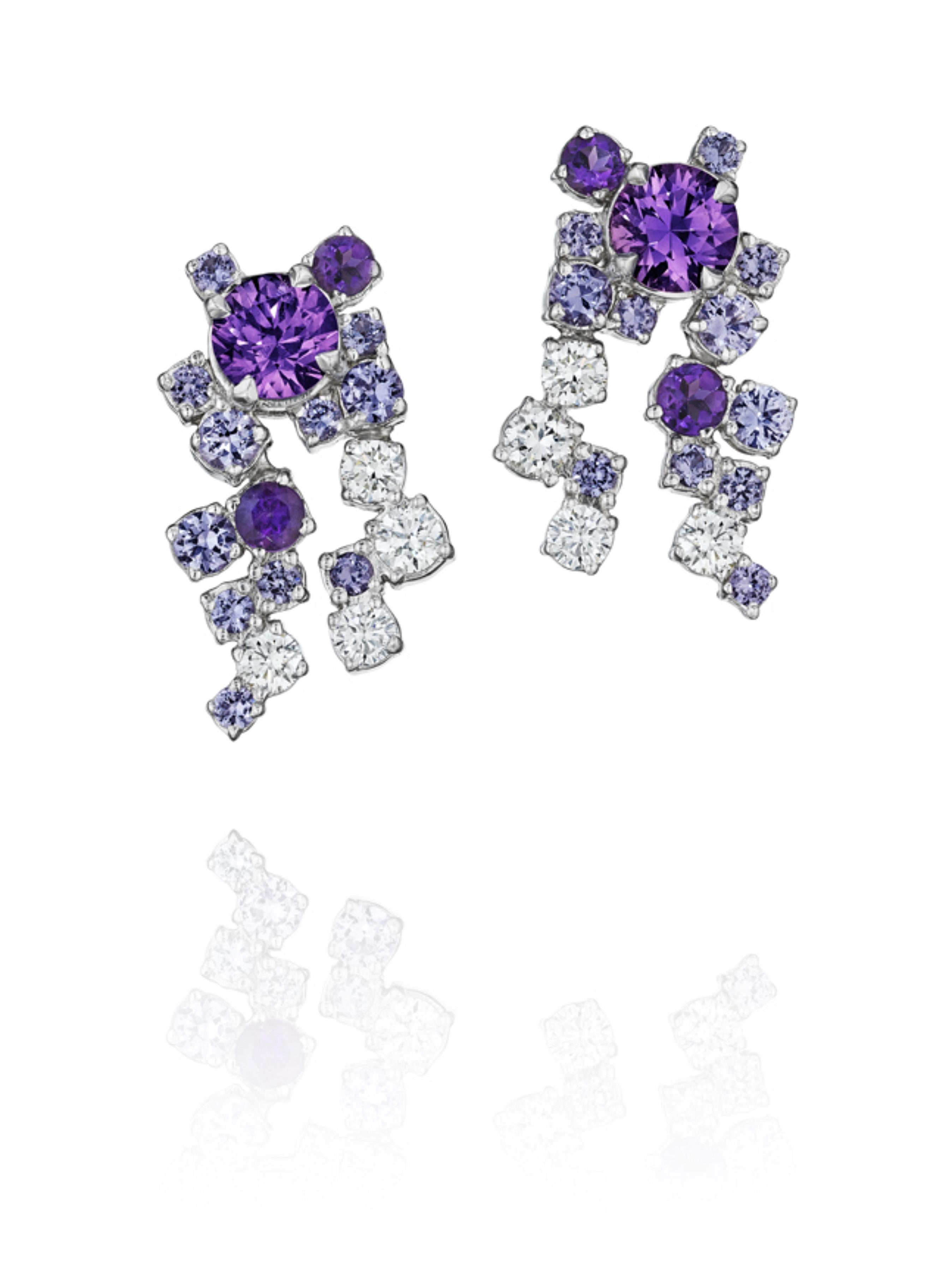 Brilliant Cut Melting Ice 18k White Gold Purple Sapphire Earrings by MadStone For Sale