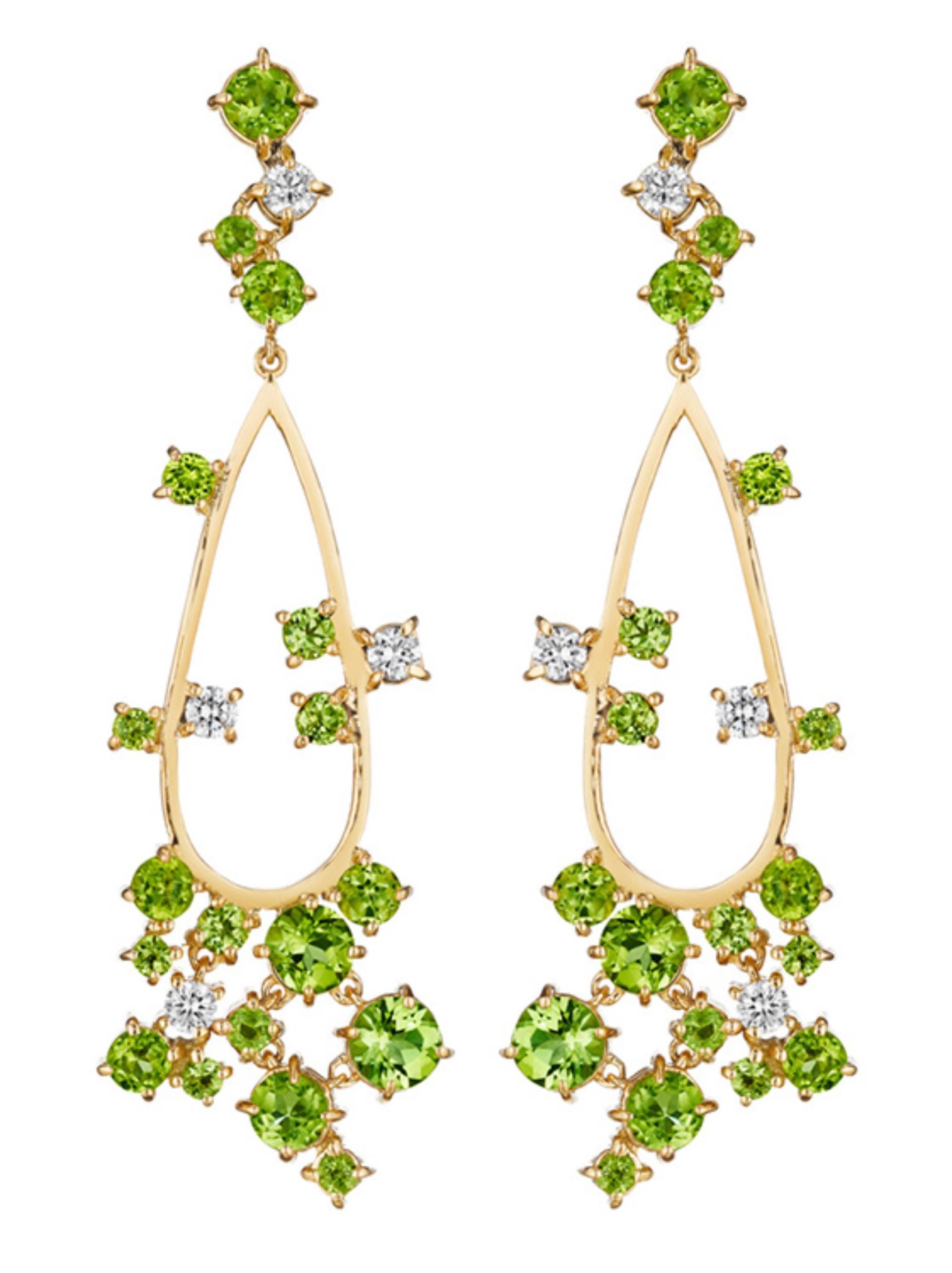 Specs: 18k yellow gold Melting Ice earrings with 2.50 carats of peridot and 0.30 carats of diamonds. 

Story: The Melting Ice collection by MadStone designer Kerri Halpern draws influence from its colorful gemstones creating playful designs.