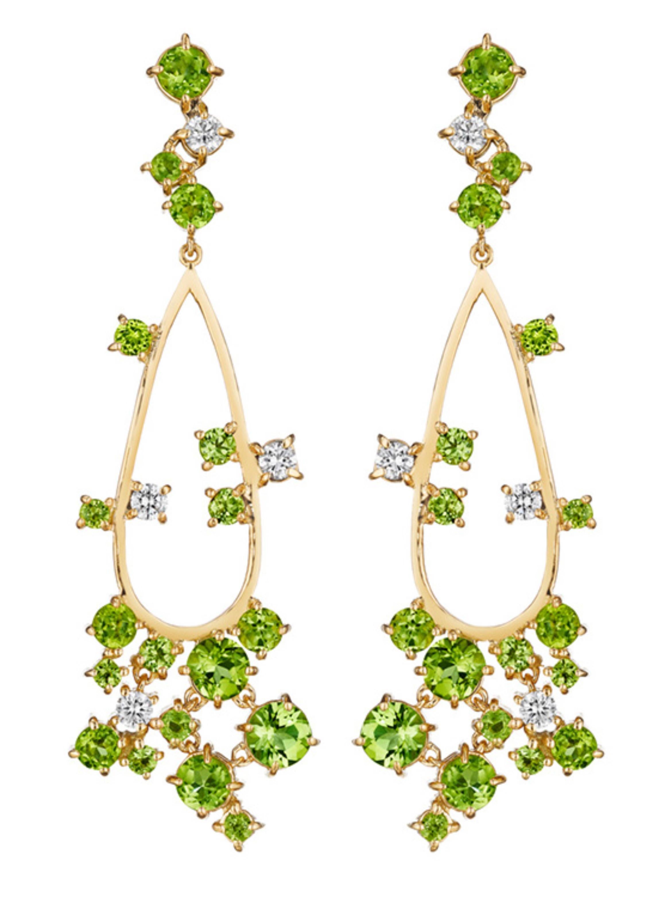 Brilliant Cut Melting Ice 18k Yellow Gold Peridot and Diamond Earrings by MadStone For Sale