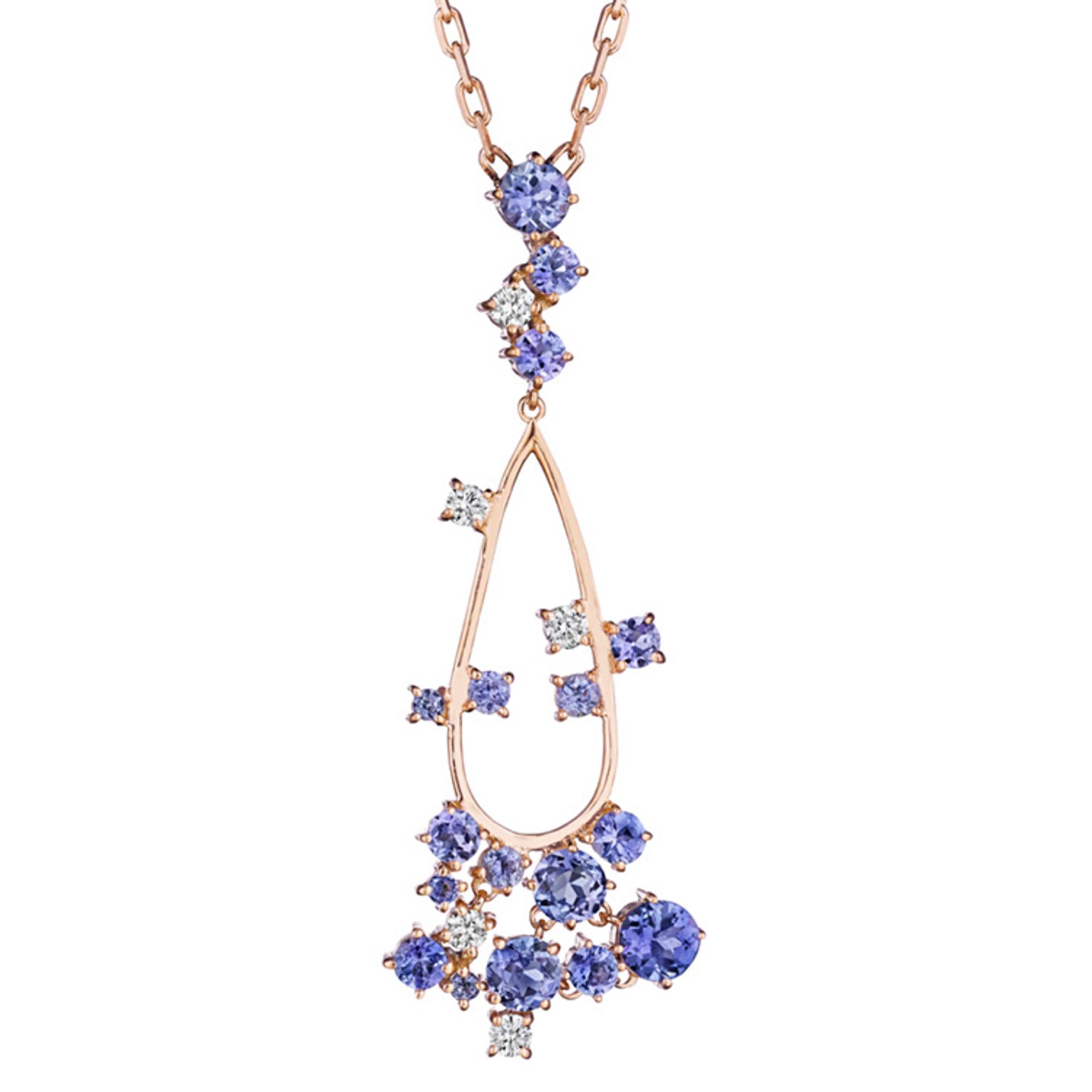 Specs: 18k yellow gold necklace with 1.25 carats of tanzanite and 0.15 carats of white diamond. 

Story: The Melting Ice collection by MadStone designer Kerri Halpern draws influence from its colorful gemstones creating playful designs.
