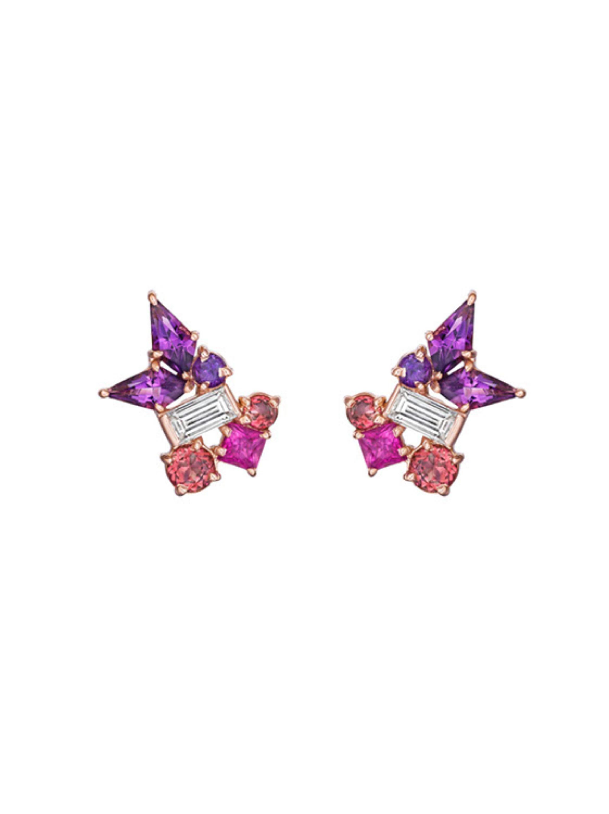 Specs: 18k yellow gold Melting Ice kite stud earrings with 0.30 carats of white diamond, 0.30 carats of amethyst and 0.30 carats of pink sapphires. 

Story: The Melting Ice collection by MadStone designer Kerri Halpern draws influence from its