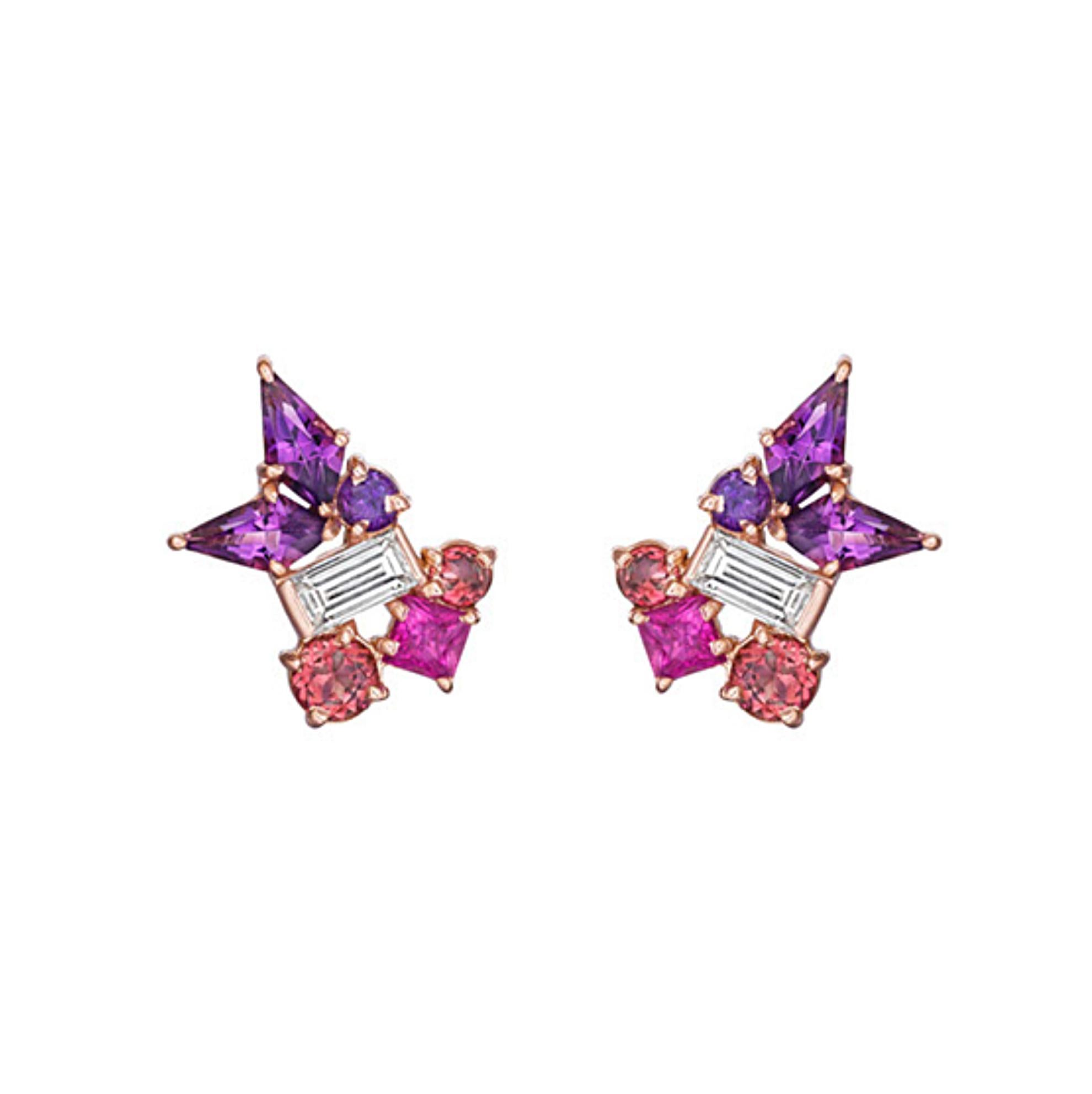 Baguette Cut Melting Ice Amethyst and Pink Sapphire Earrings by MadStone For Sale
