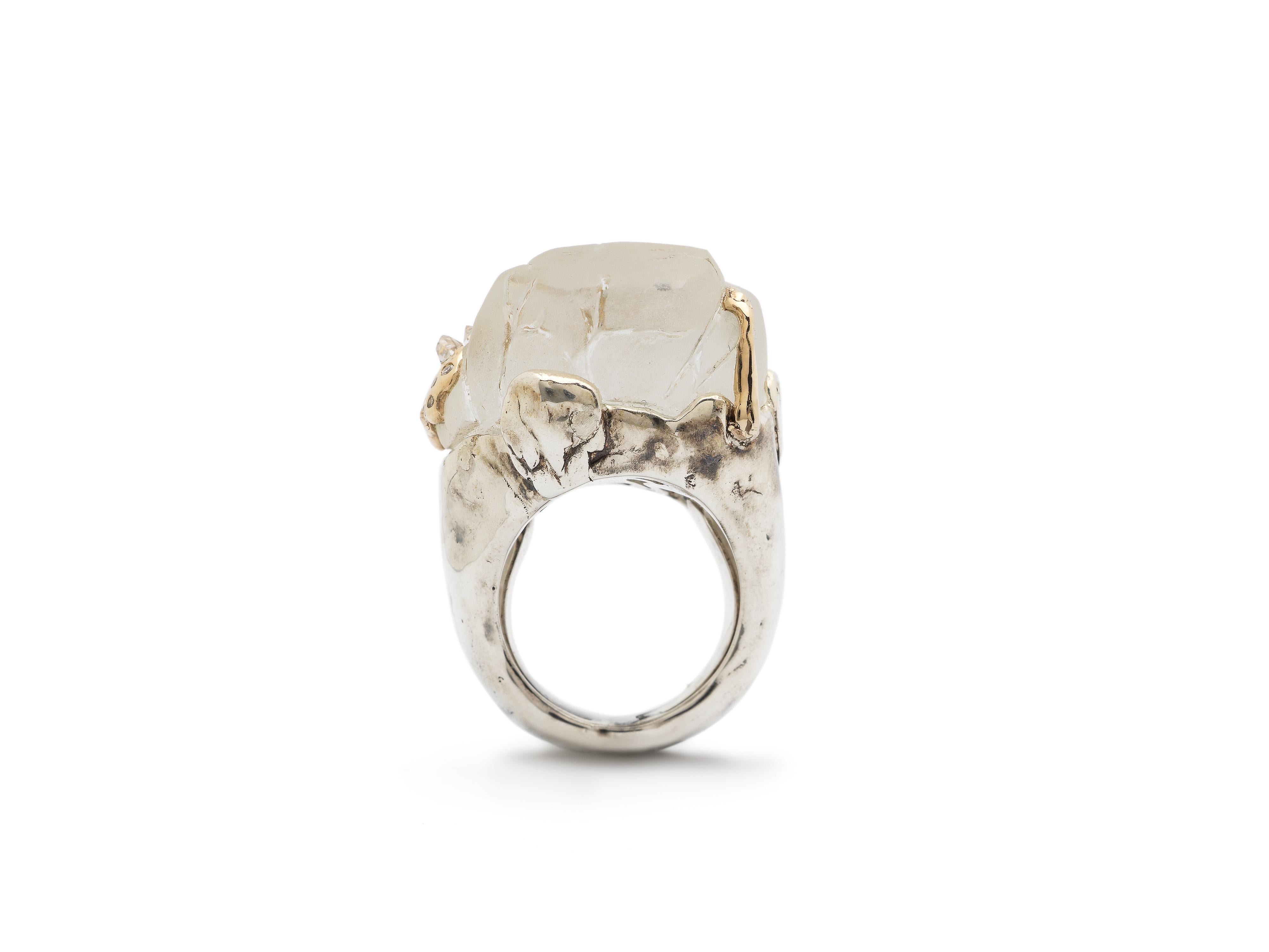 Contemporary Melting Ice Cap Crystal Quartz Sterling Silver 18k Gold & Diamonds Cocktail Ring For Sale