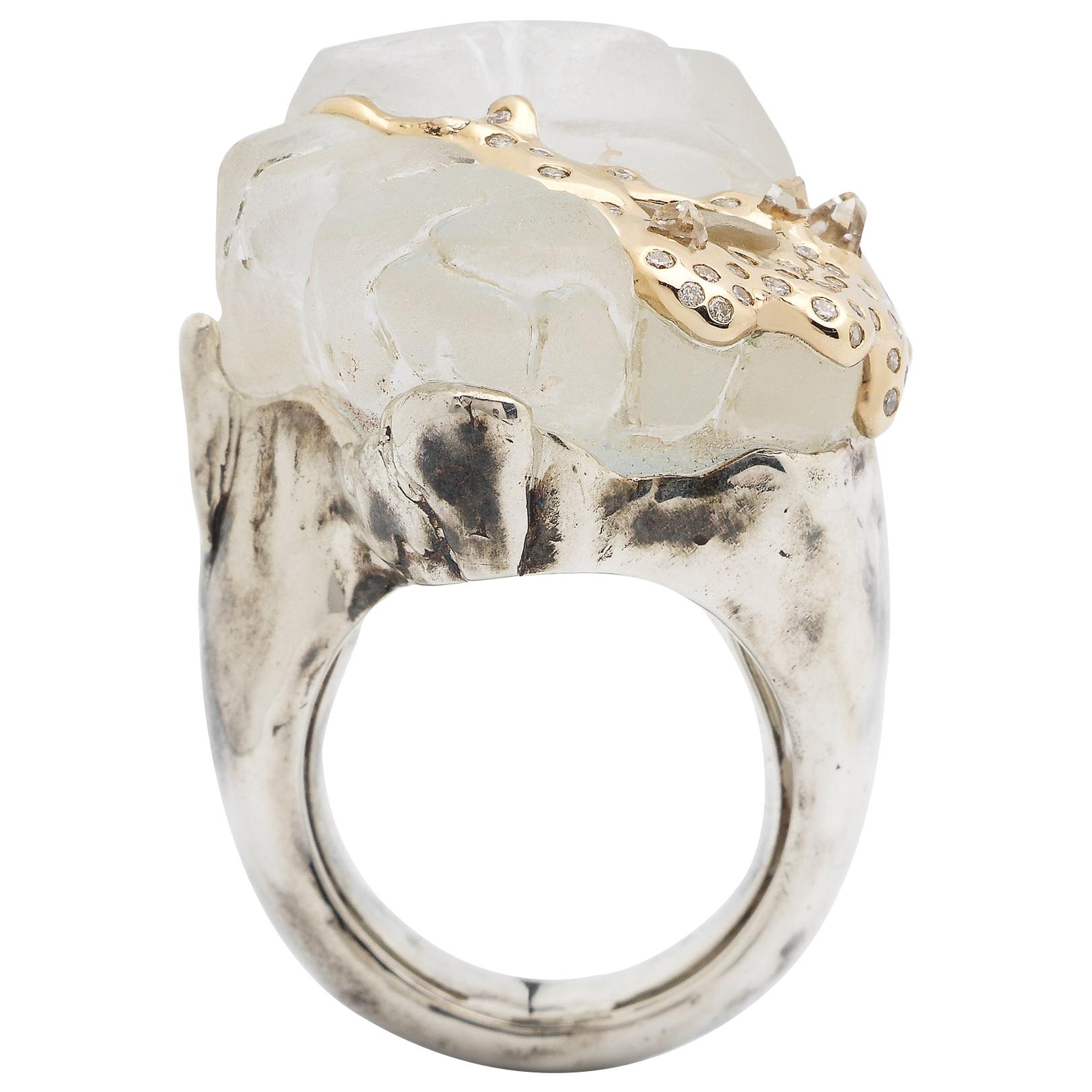 Melting Ice Cap Crystal Quartz Sterling Silver 18k Gold & Diamonds Cocktail Ring For Sale
