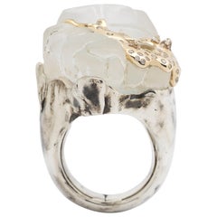 Melting Ice Cap Crystal Quartz Sterling Silver 18k Gold & Diamonds Cocktail Ring