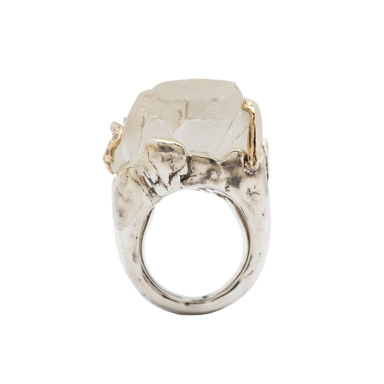 Mixed Cut 18K White Gold Quartz Diamond Melting Ice Cap Cocktail Ring For Sale