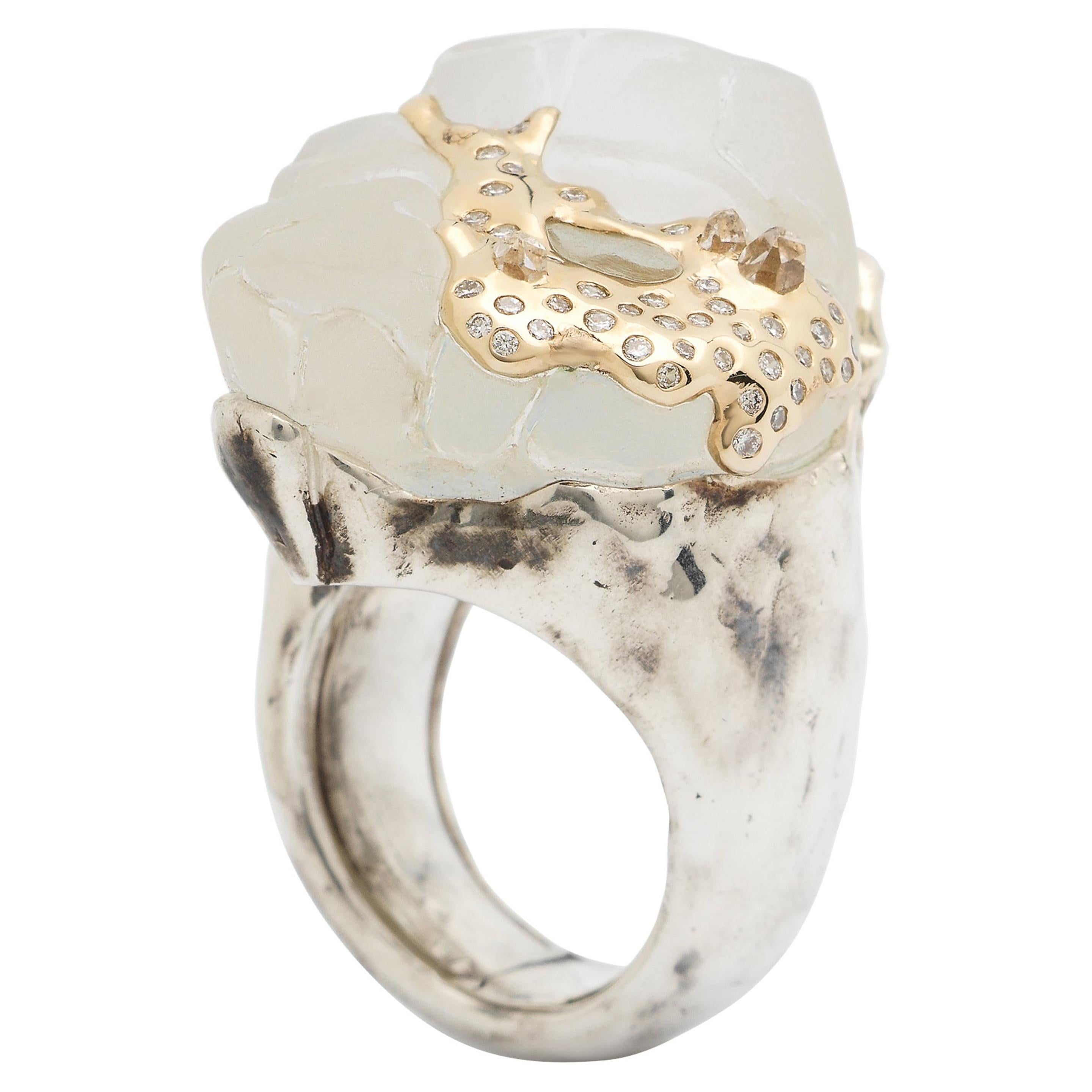 18K White Gold Quartz Diamond Melting Ice Cap Cocktail Ring For Sale