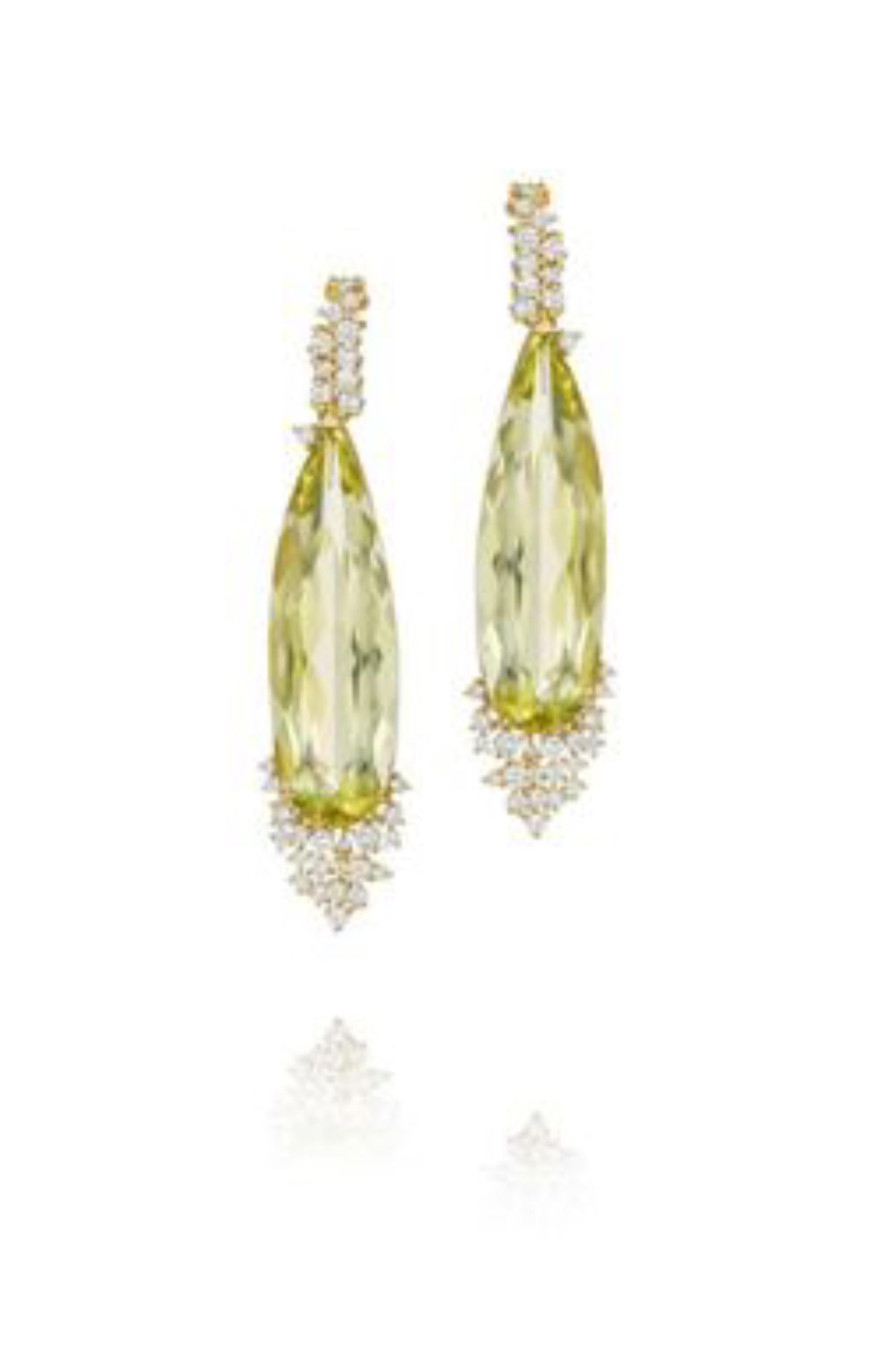 Pear Cut Melting Ice Lemon Citrine and Diamond Drop Earrings by Madstone For Sale