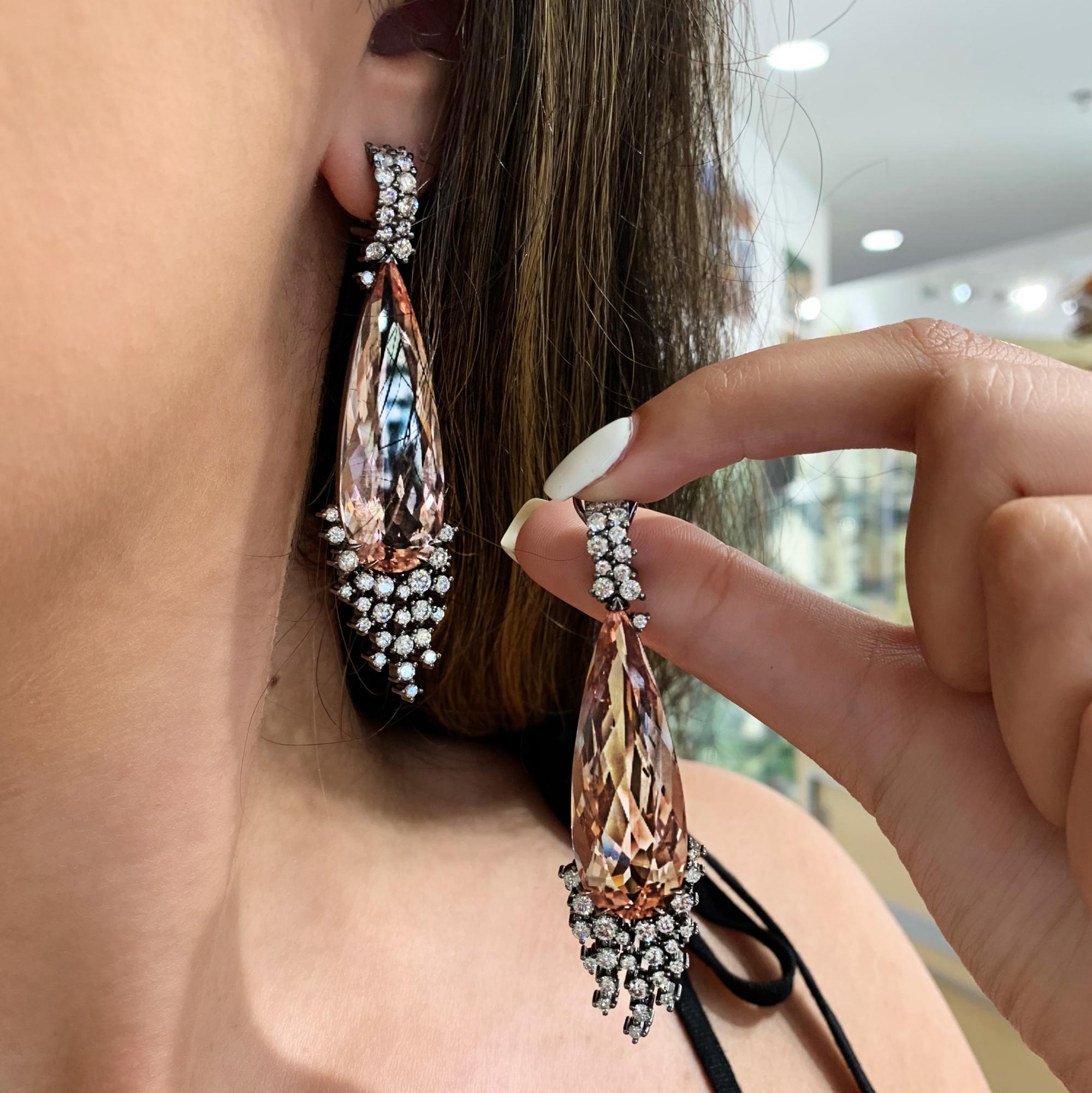 Specs: 18k white gold drop earrings with 65.77 total carats of morganites and 2.91 carats of white diamonds. 

Story: The Melting Ice collection by MadStone designer Kerri Halpern draws influence from its colorful gemstones creating playful