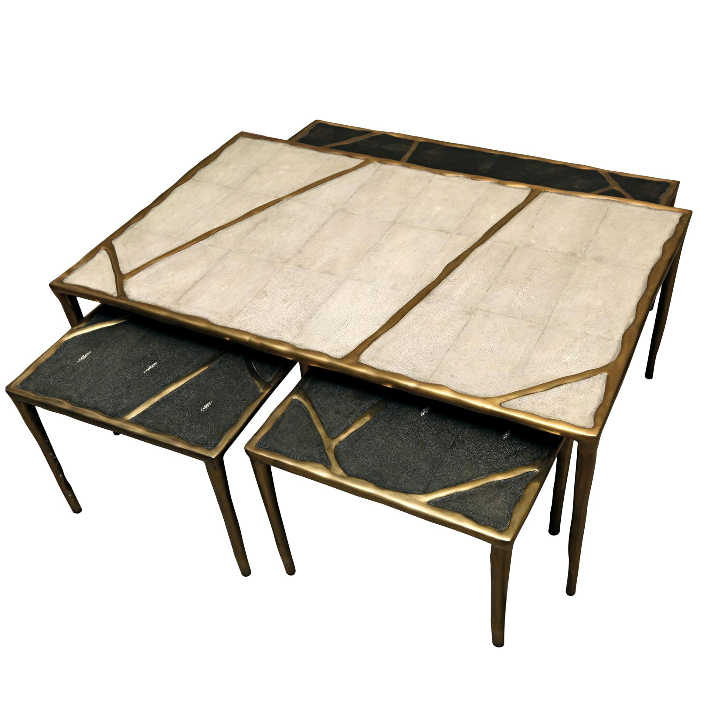 French Melting Nesting Coffee Tables in Shagreen, Shell and Brass by R & Y Augousti For Sale