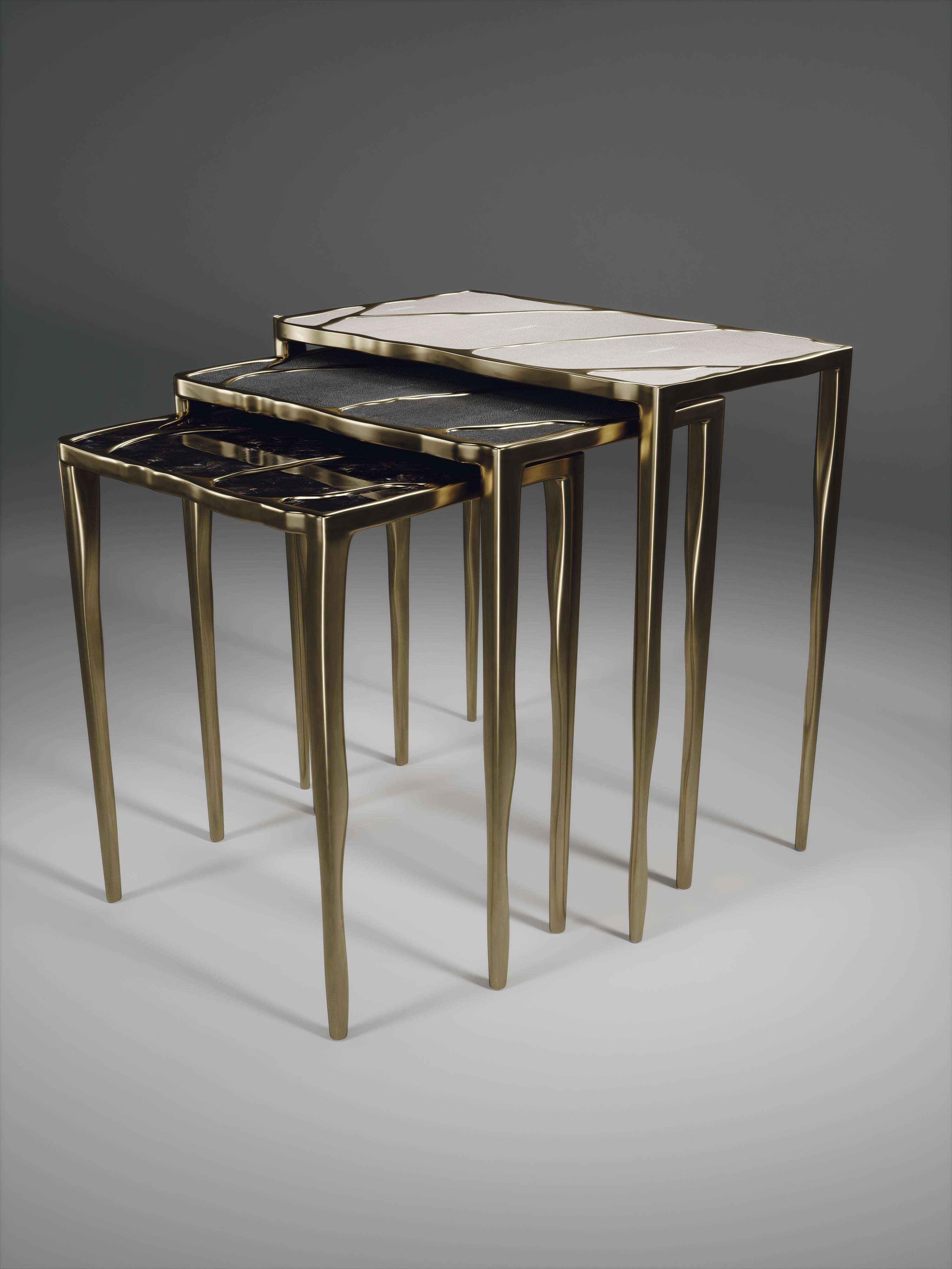 Nesting Side Tables in Shagreen, Shell and Bronze-Patina Brass by R&Y Augousti For Sale 4