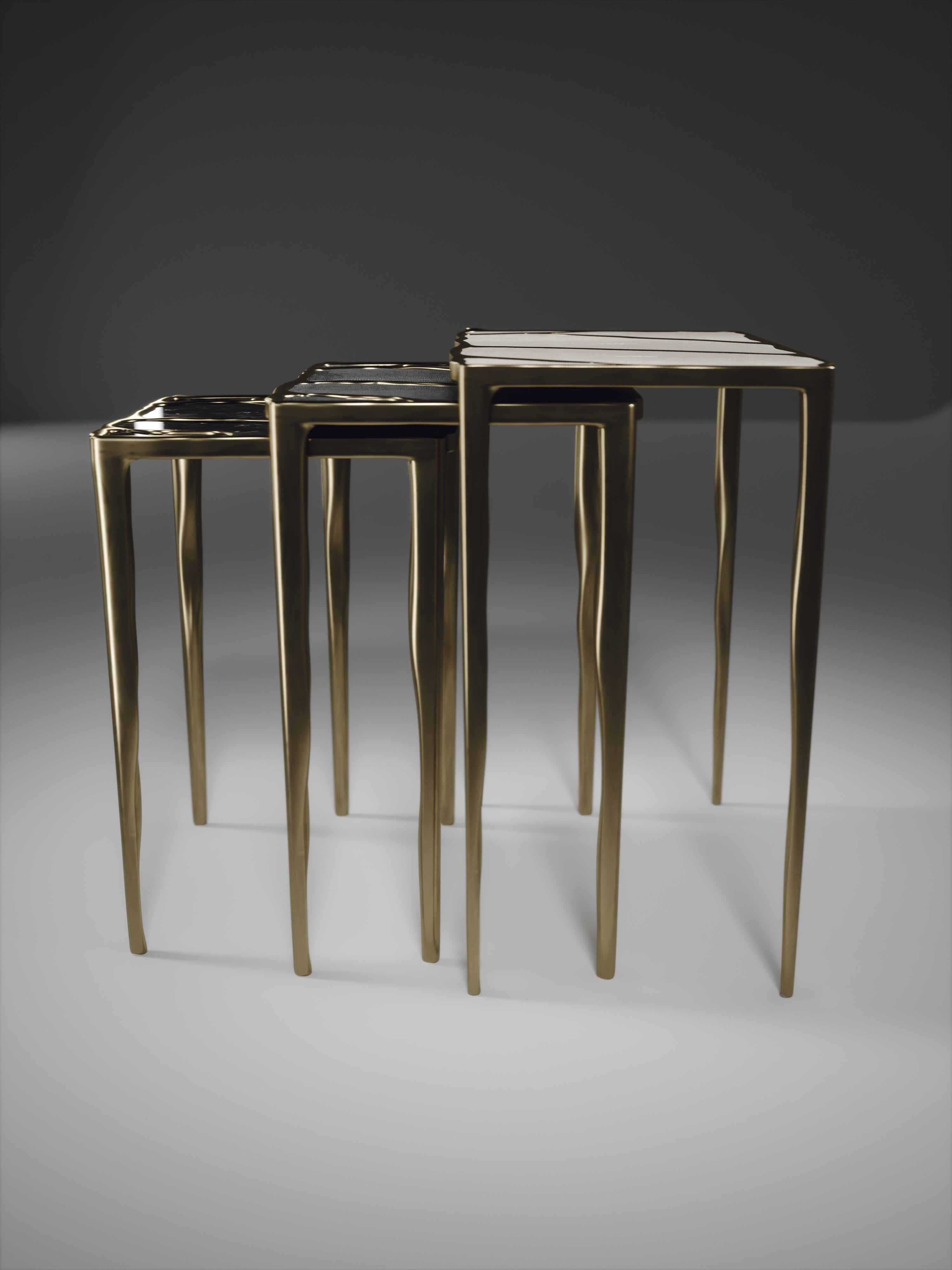 Nesting Side Tables in Shagreen, Shell and Bronze-Patina Brass by R&Y Augousti For Sale 8