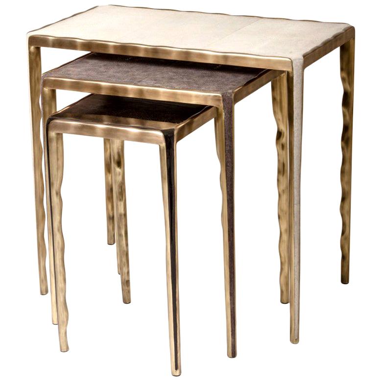 Contemporary Nesting Side Tables in Shagreen, Shell and Bronze-Patina Brass by R&Y Augousti For Sale