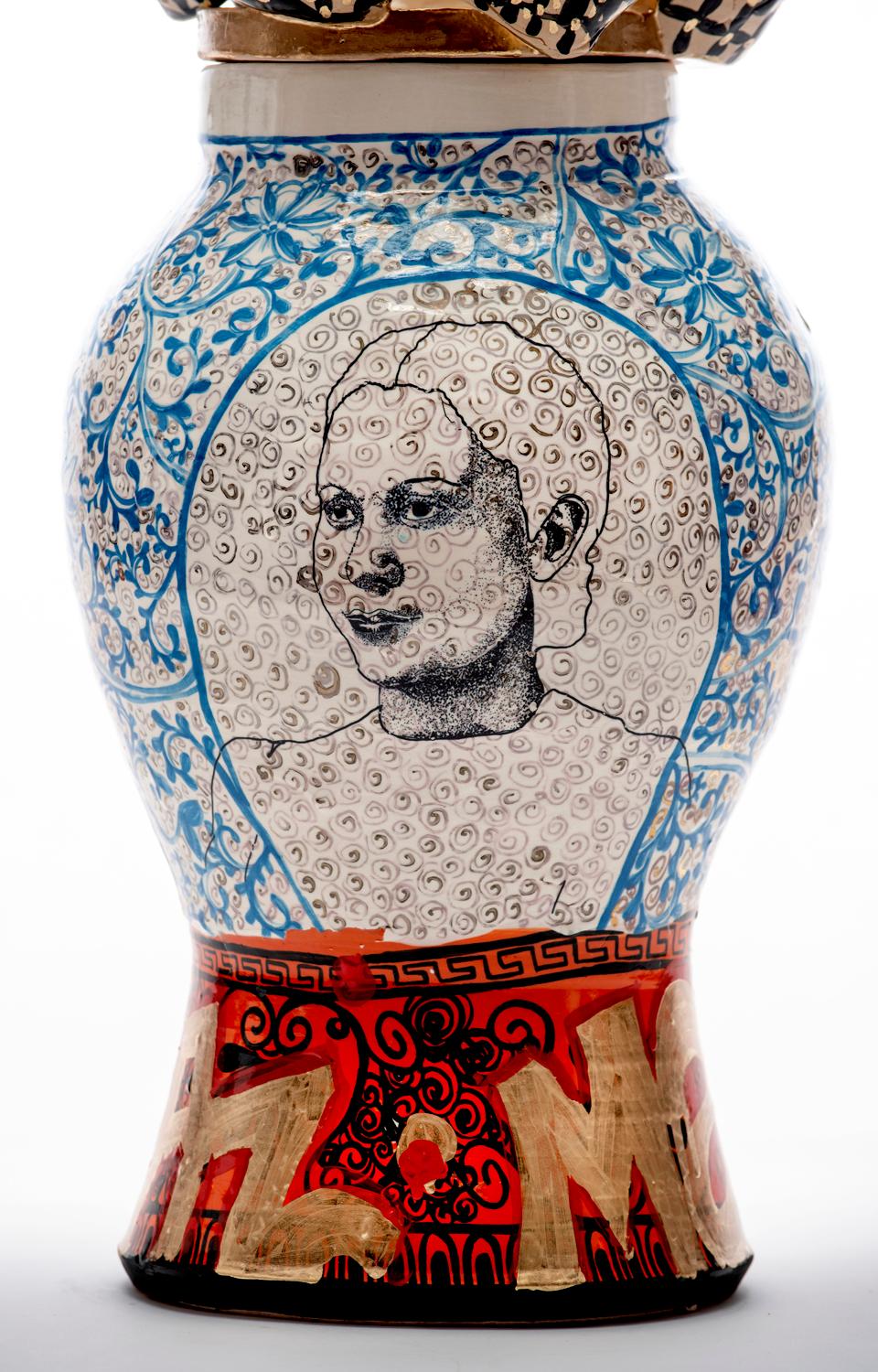 Porcelain, china paint, and luster vessel depicting Puerto Rican poet Julia de Burgos and hip-hop artist Ice Cube. The top of the vessel features a circle of casts of the artist's hand. Created by American artist Roberto Lugo, who deftly combines