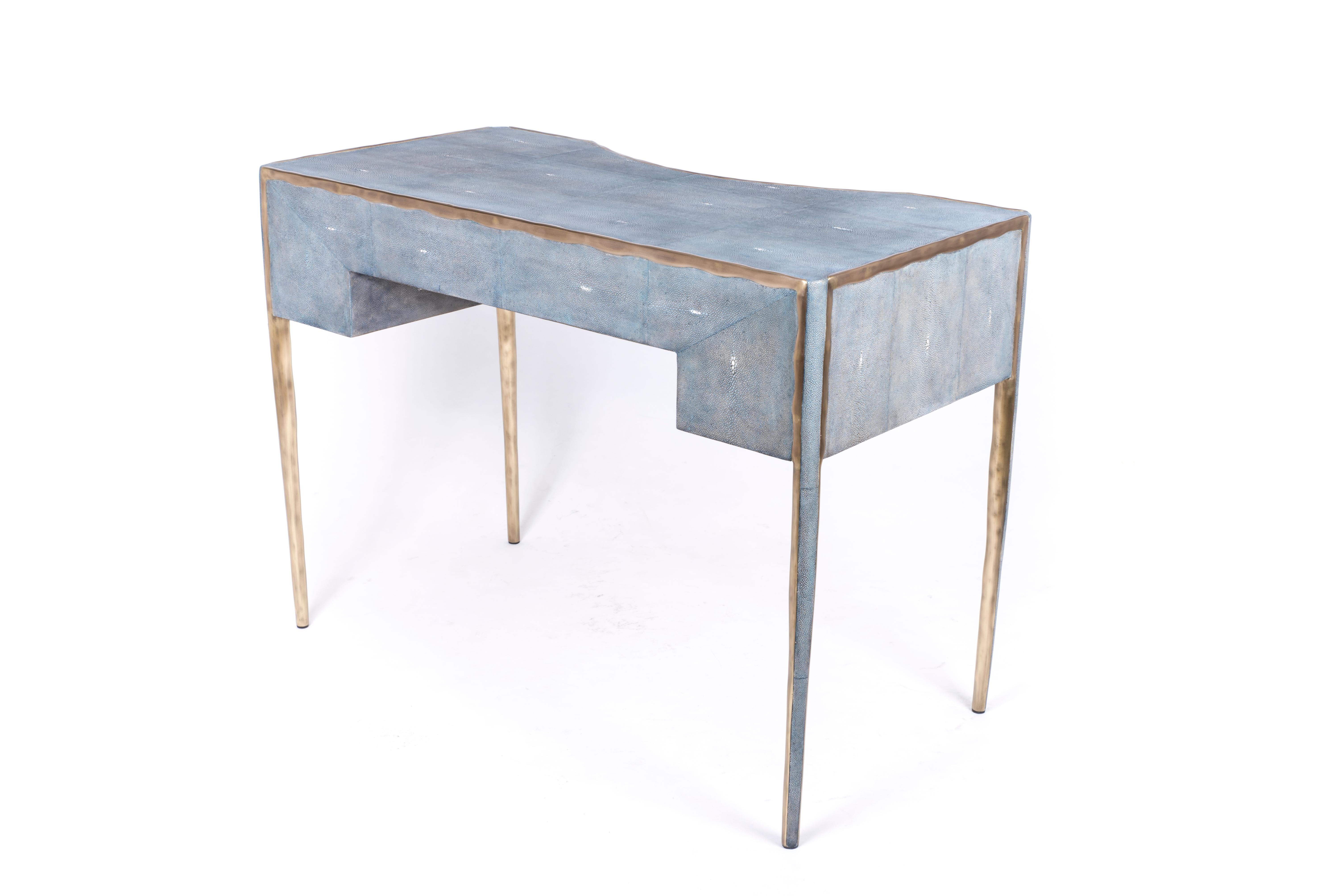 Art Deco Melting Vanity Table in Blue Shagreen and Bronze-Patina Brass by R & Y Augousti For Sale