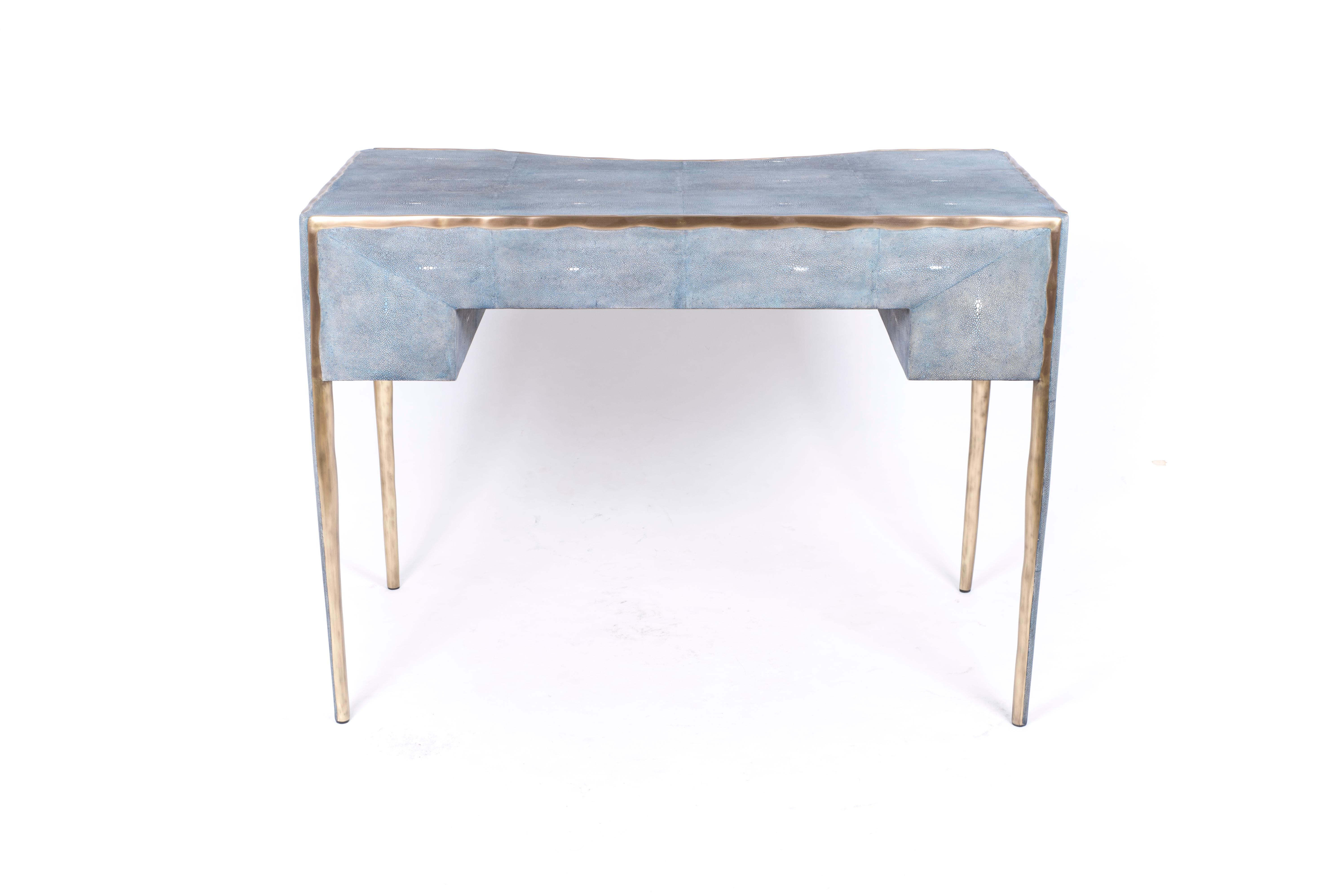 French Melting Vanity Table in Blue Shagreen and Bronze-Patina Brass by R & Y Augousti For Sale