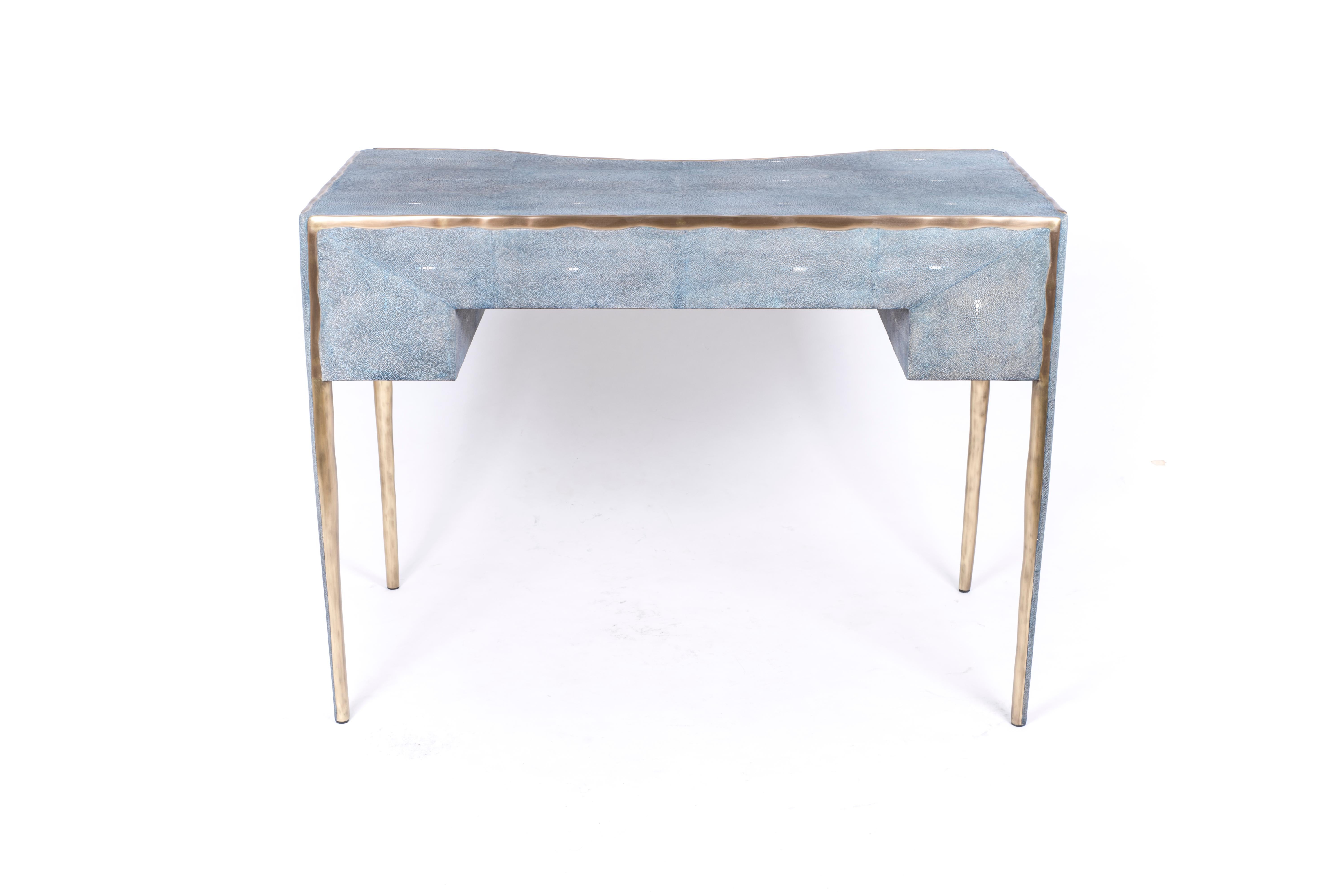 Hand-Crafted Melting Vanity Table in Blue Shagreen and Bronze-Patina Brass by R & Y Augousti For Sale