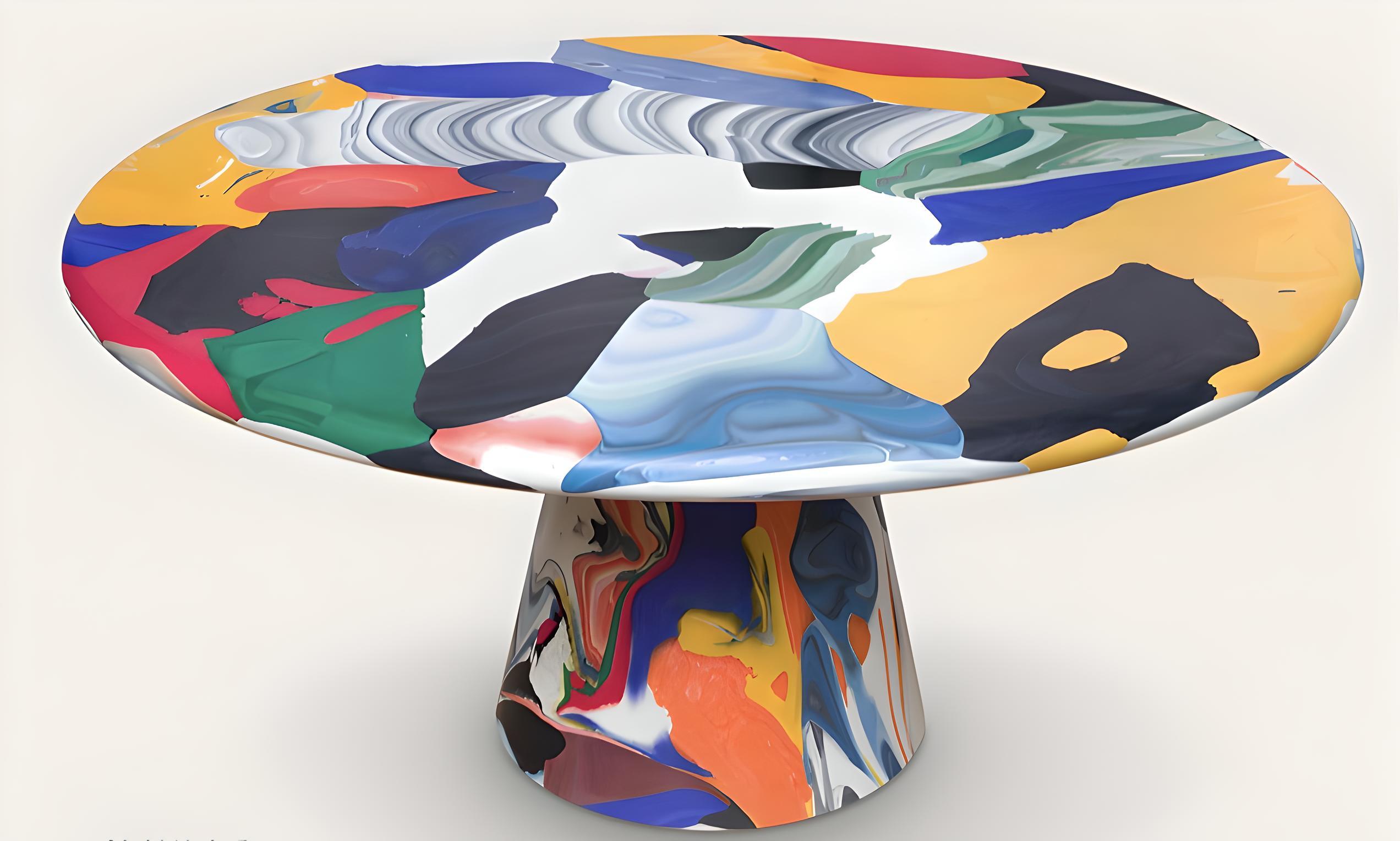 Dirk van der Kooij, 2014
Recycled plastic, pigment, stainless steel fixtures

The Meltingpot table offers a third life to recycled plastic prototypes and colour tests from the Kooij studio. Daily, our in-house colourist composes a table from