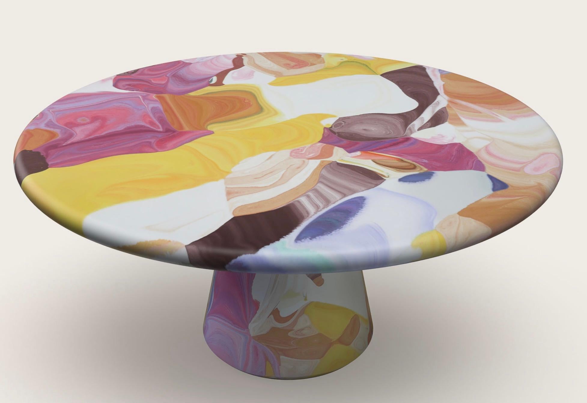 Dirk van der Kooij, 2014
Recycled plastic, pigment, stainless steel fixtures

The Meltingpot table offers a third life to recycled plastic prototypes and colour tests from the Kooij studio. Daily, our in-house colourist composes a table from