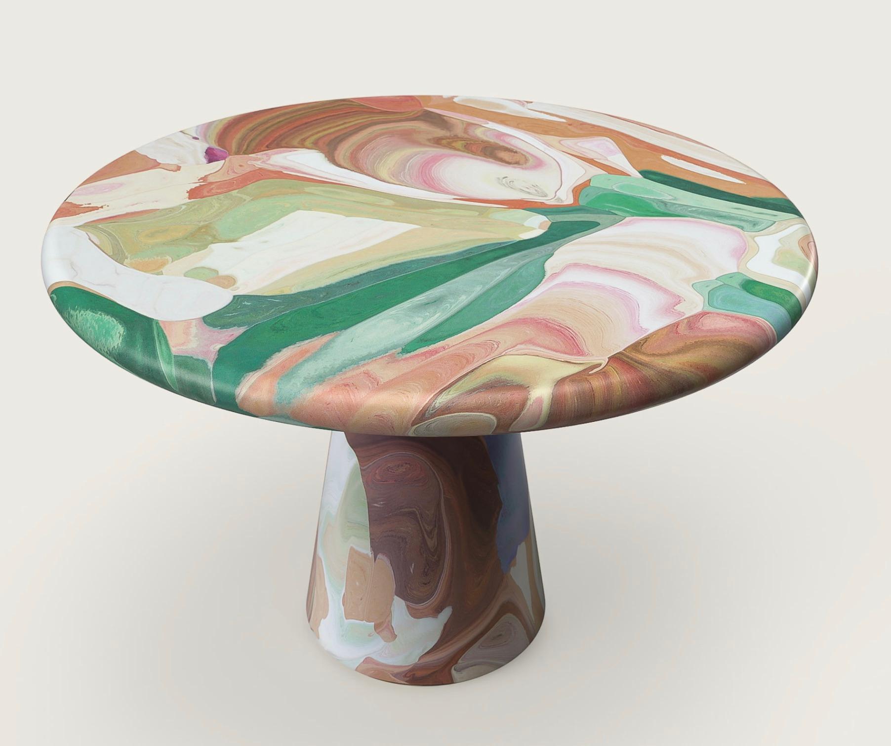 Dirk van der Kooij, 2014
Recycled plastic, pigment, stainless steel fixtures

The Meltingpot table offers a third life to recycled plastic prototypes and colour tests from the Kooij studio. Daily, our in-house colourist composes a table from