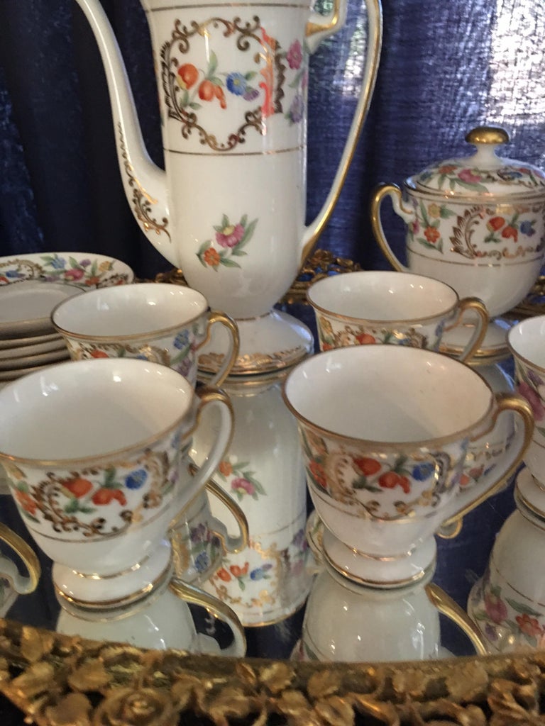 Lovely Floral Fine China Tea Set for Six with Floral Brass Tray by Melton For Sale at 1stDibs