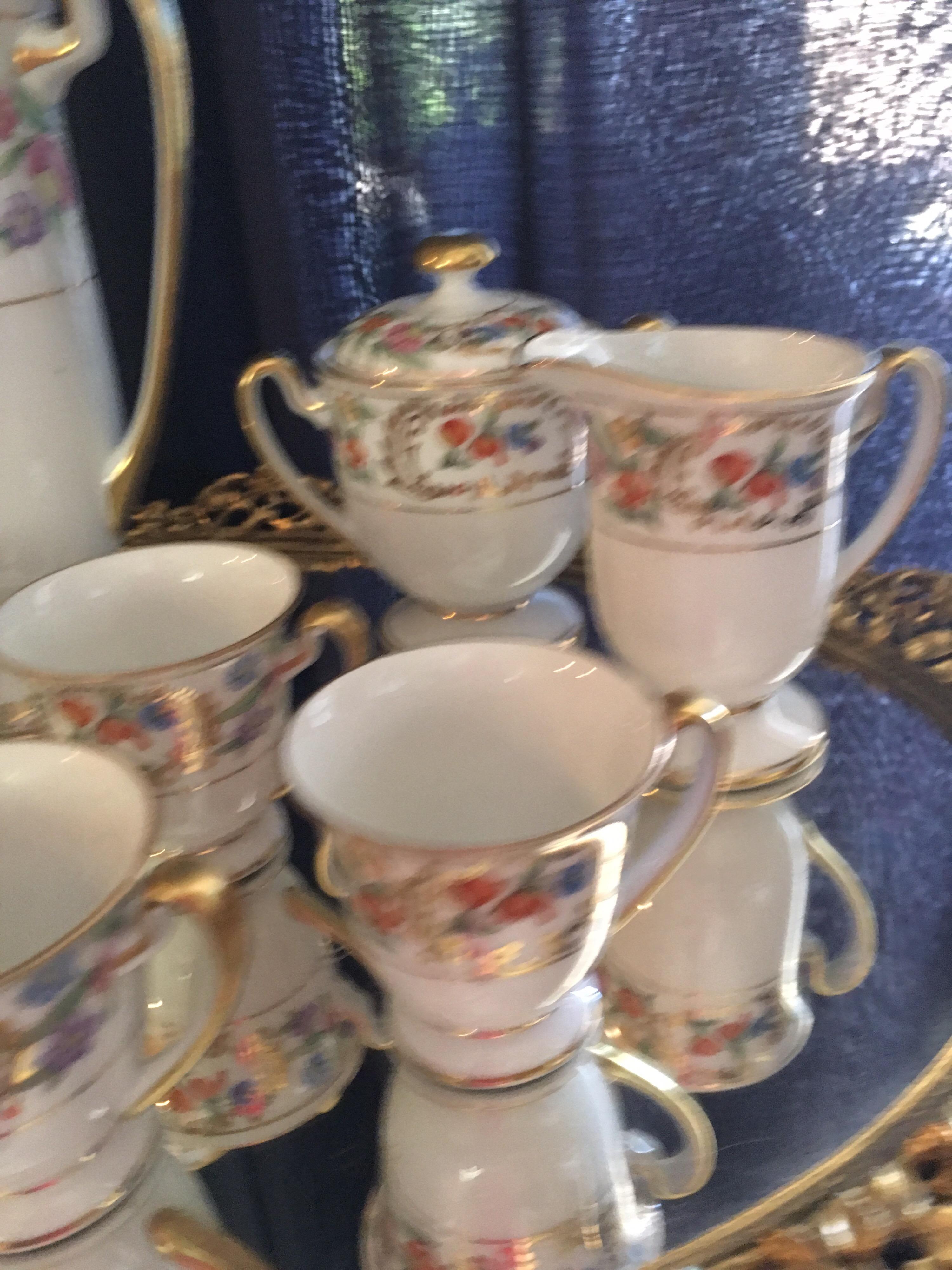 British Colonial Lovely Floral Fine China Tea Set for Six with Floral Brass Tray by Melton