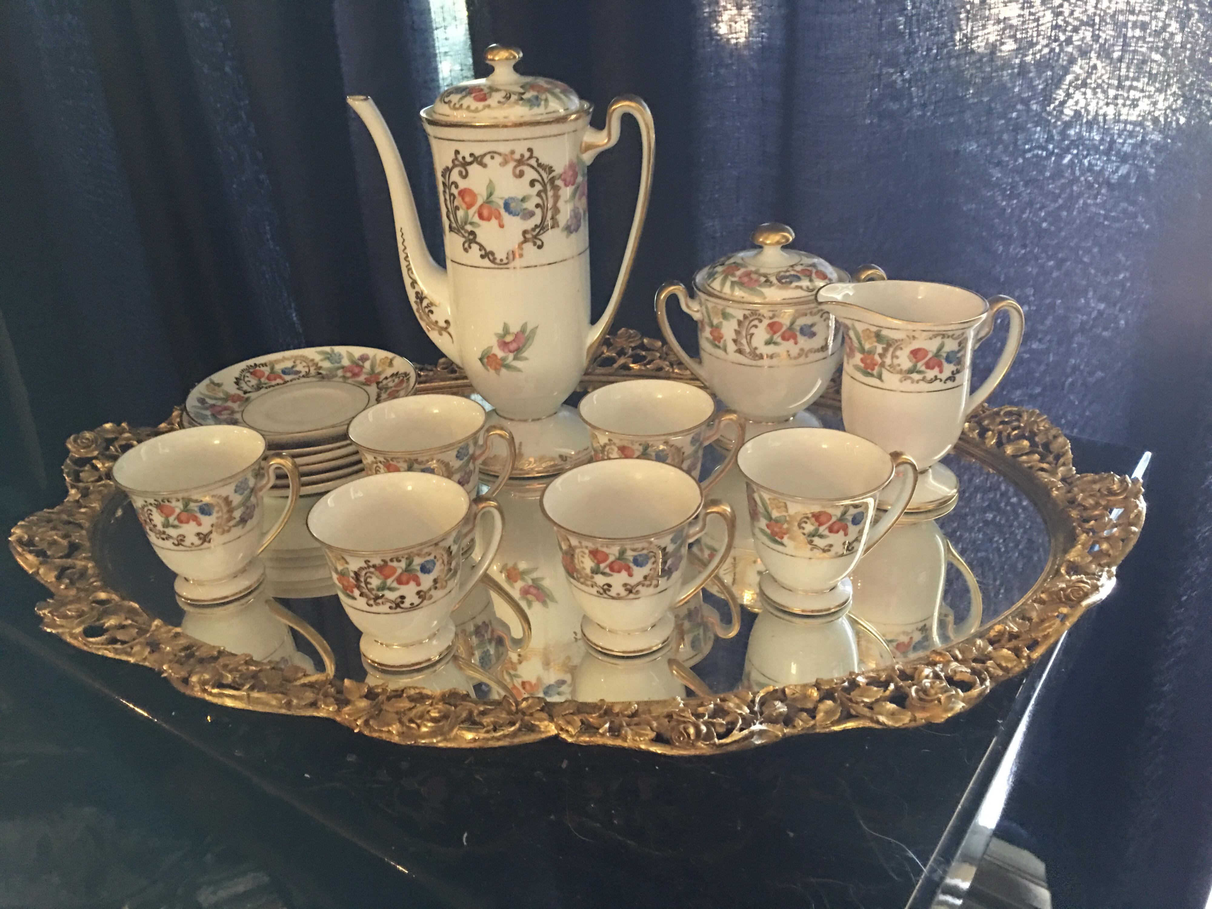 Lovely Floral Fine China Tea Set for Six with Floral Brass Tray by Melton In Good Condition In Palm Springs, CA