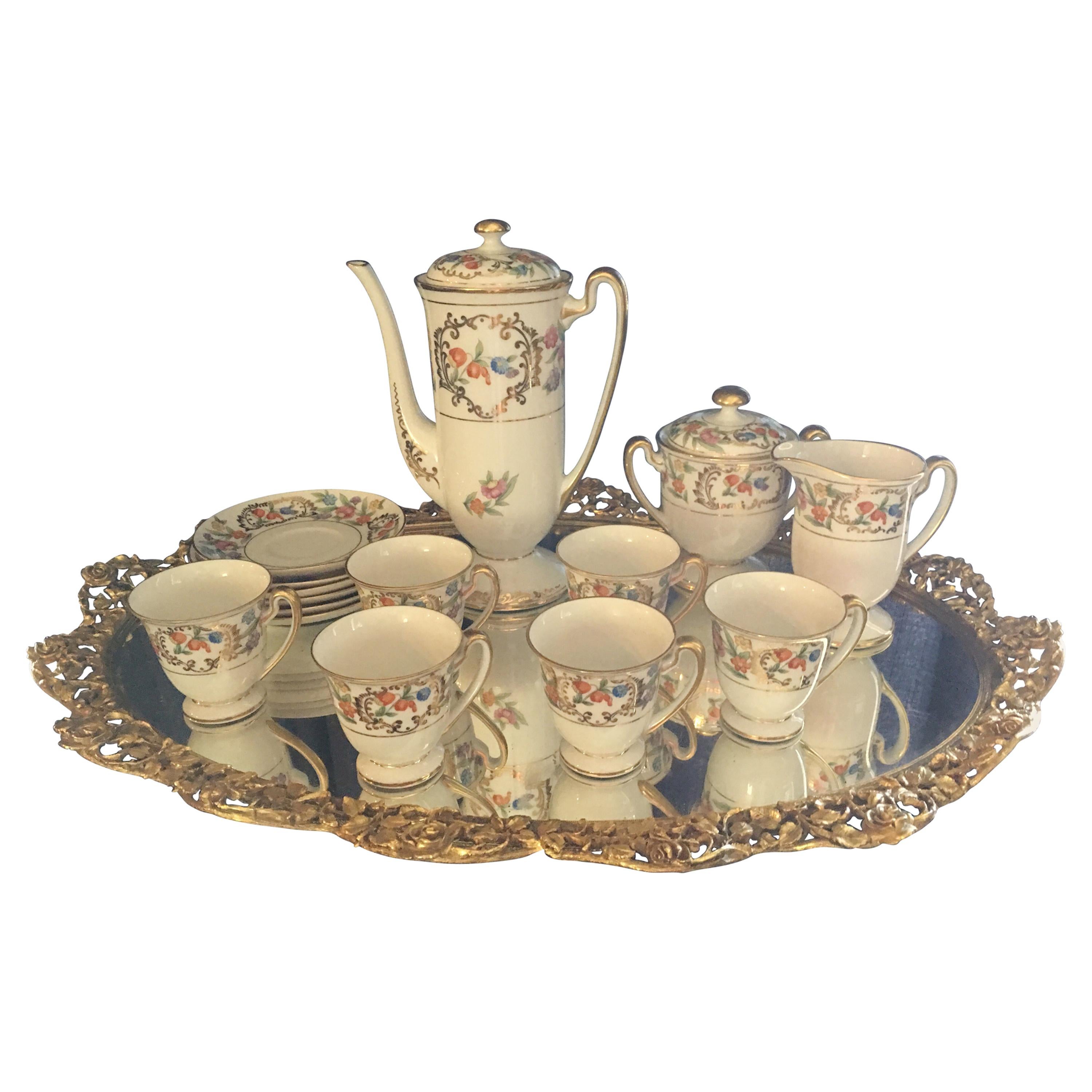 Lovely Floral Fine China Tea Set for Six with Floral Brass Tray by Melton