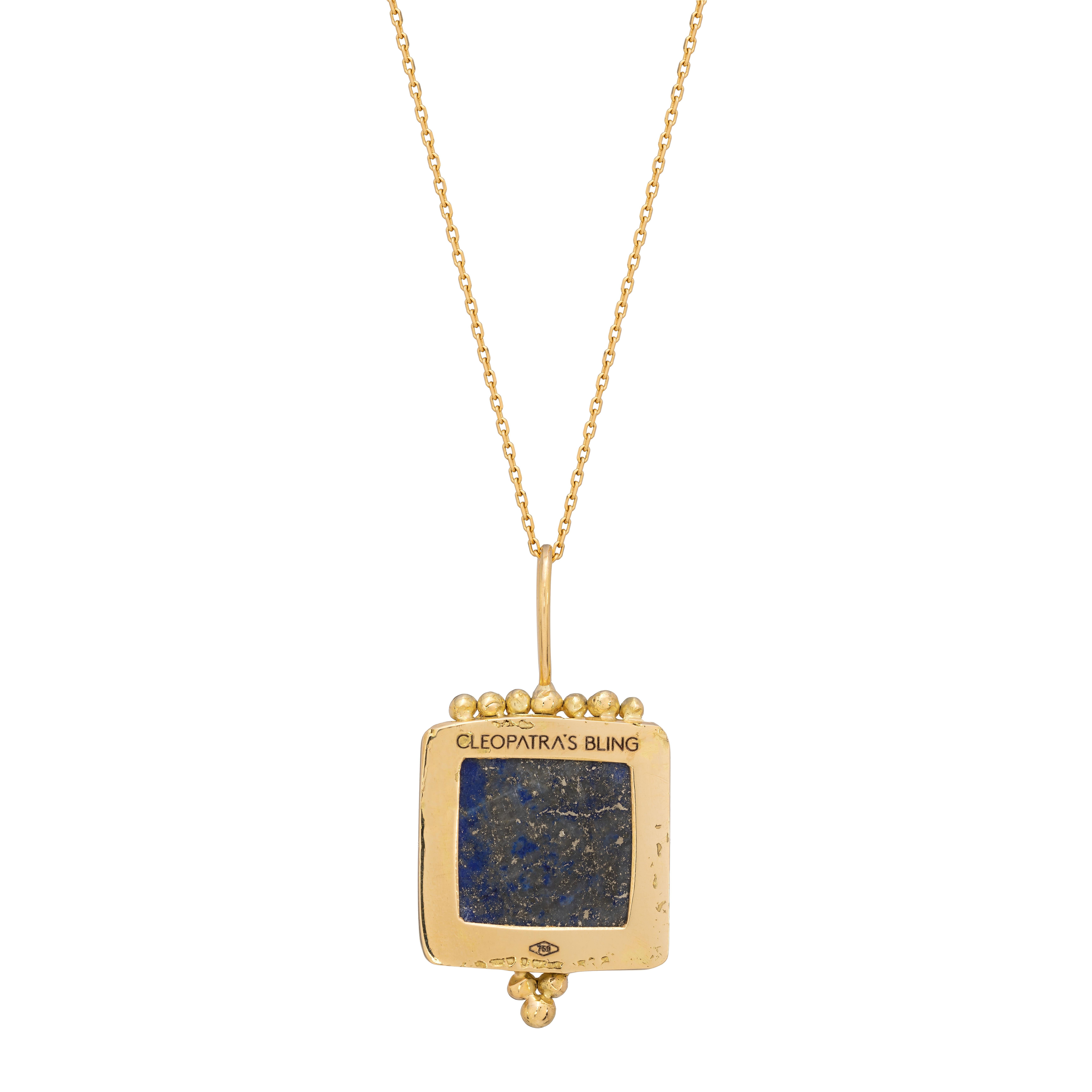 Melusine Pendant in Lapis Lazuli, 18 Karat Yellow Gold and Pink Diamond
The Relic Collection pieces are one off, hand etched pendants. Each stone is individually engraved by hand by artisans which means that every piece is truly one of a kind. These