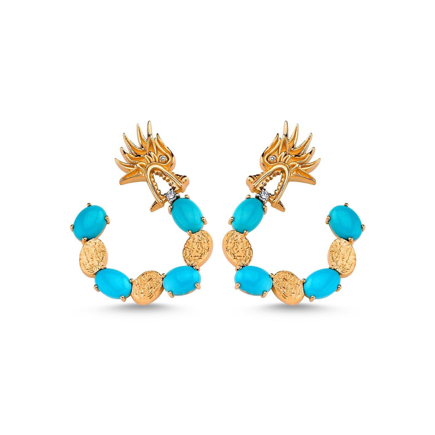 Modern Melusine Turquoise 14k Rose Gold Hoop Earrings with Diamond by Selda Jewellery For Sale