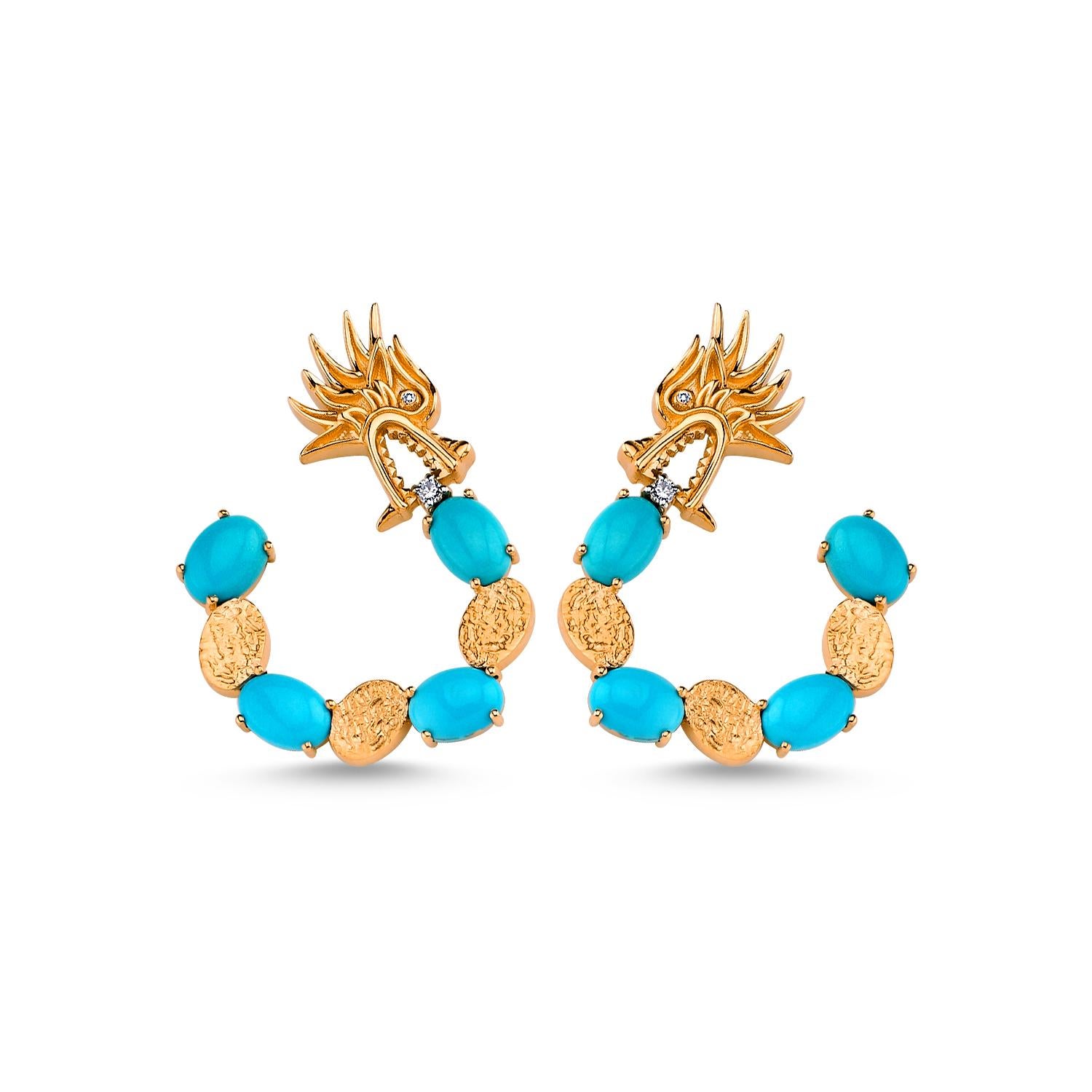 Modern Melusine Turquoise 14k Rose Gold Hoop Earrings with Diamond by Selda Jewellery For Sale