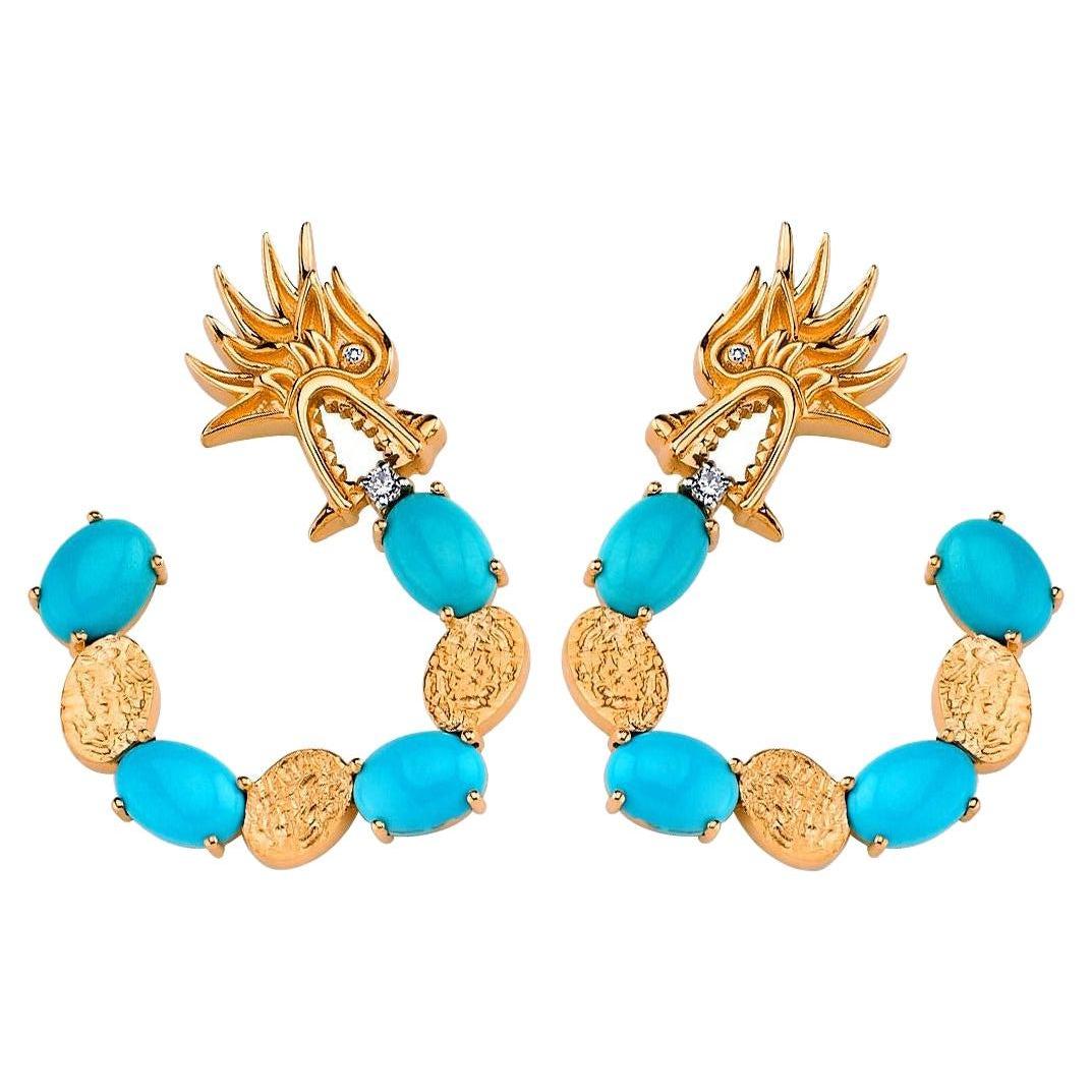 Melusine Turquoise 14k Rose Gold Hoop Earrings with Diamond by Selda Jewellery