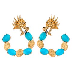 Used Melusine Turquoise 14k Rose Gold Hoop Earrings with Diamond by Selda Jewellery