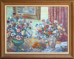 "Scena d'interni con natura morta floreale" Quadro grande incorniciato Fiori di frutta