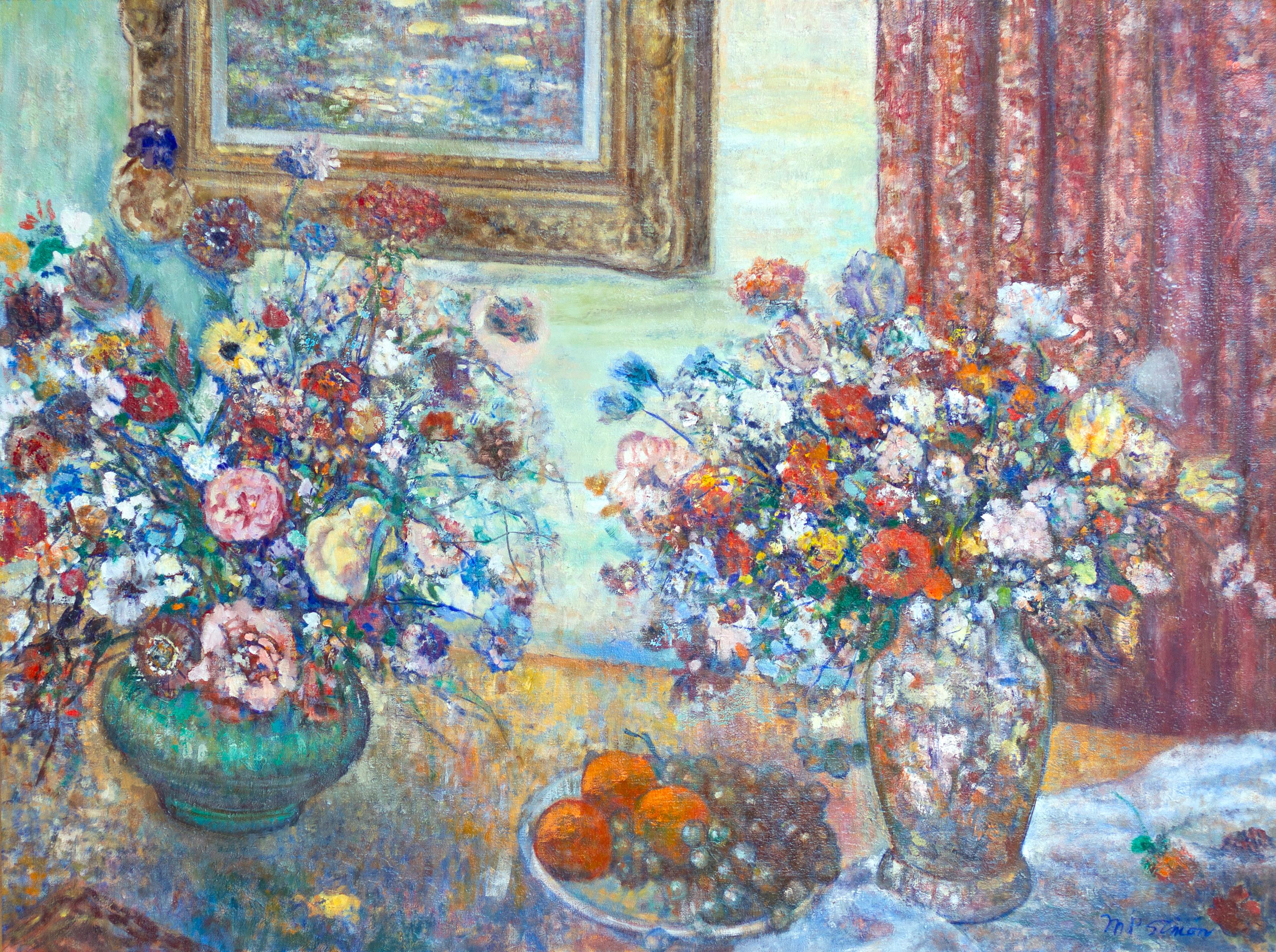 "Interior Scene with Floral Still Life" Large Framed Painting Fruit Flowers