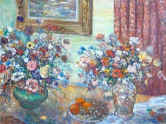 "Interior Scene with Floral Still Life" Large Framed Painting Fruit Flowers