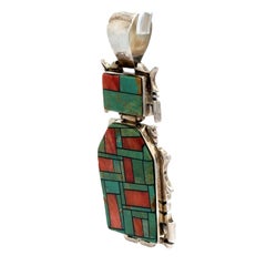 Ciondolo intarsiato con mosaico di corallo e turchese di Melvin Cleveland Navajo Sterling Silver