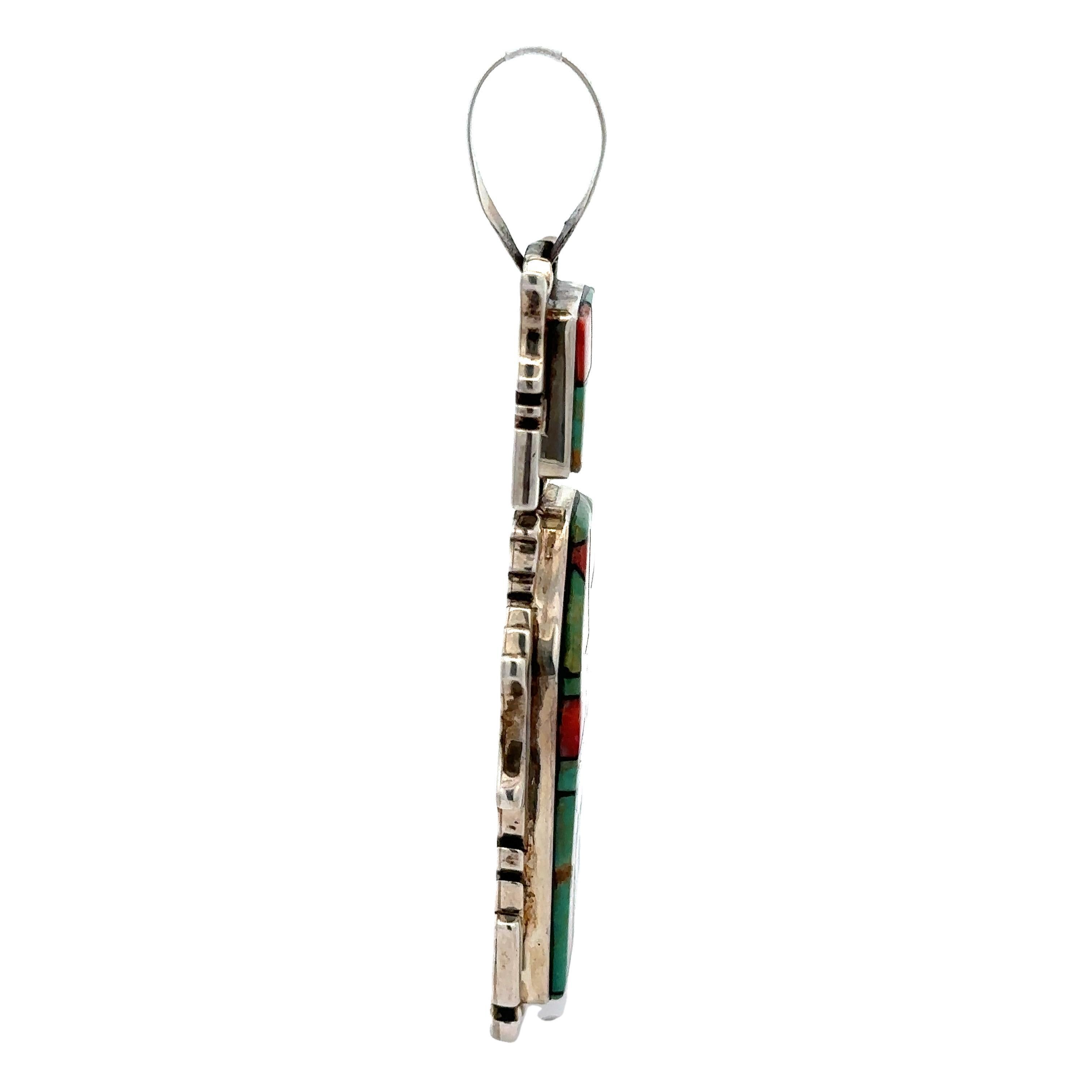 Melvin Cleveland Pendentif Navajo en argent sterling incrusté de mosaïque de turquoises et de corail Excellent état - En vente à Montclair, NJ