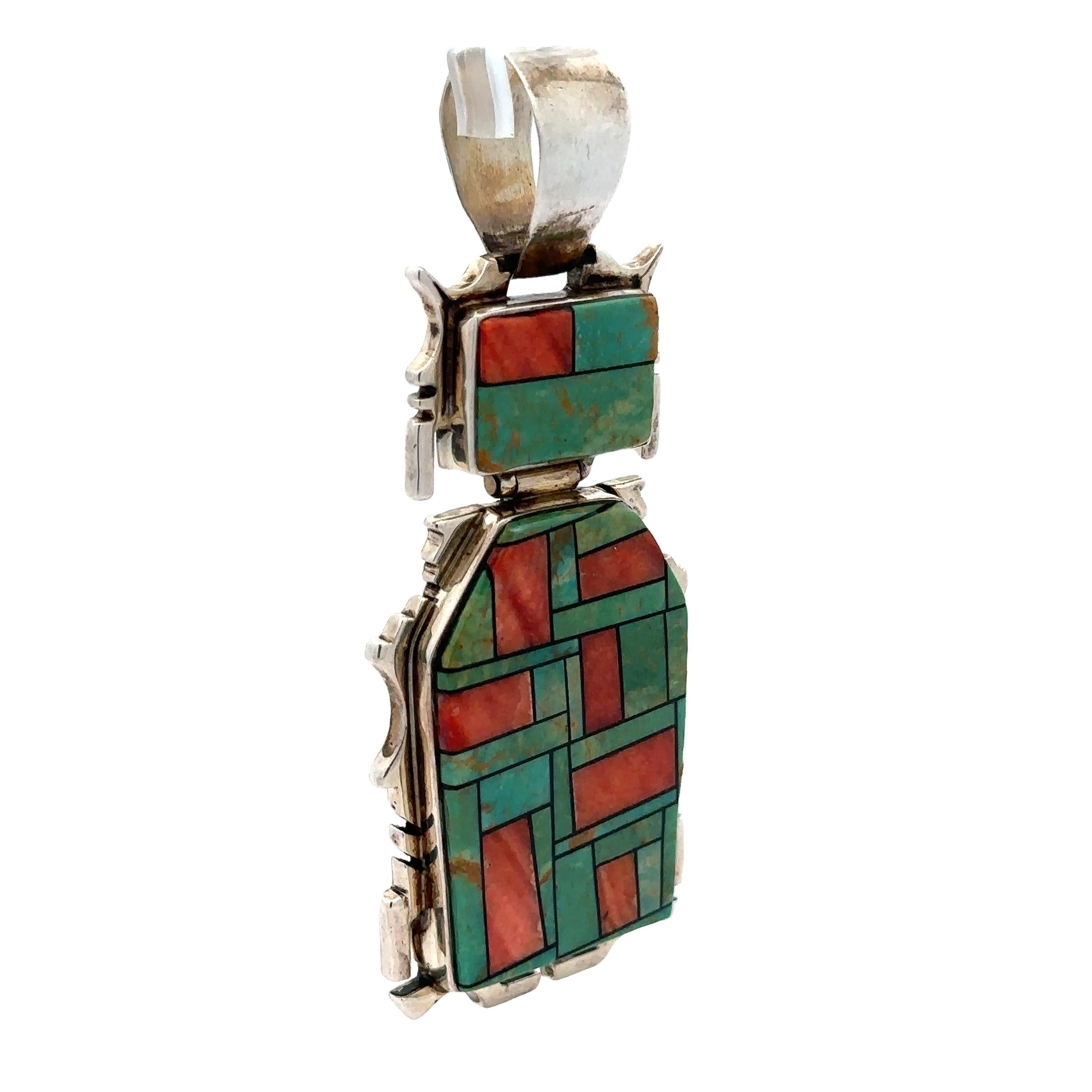 Melvin Cleveland Pendentif Navajo en argent sterling incrusté de mosaïque de turquoises et de corail Unisexe en vente