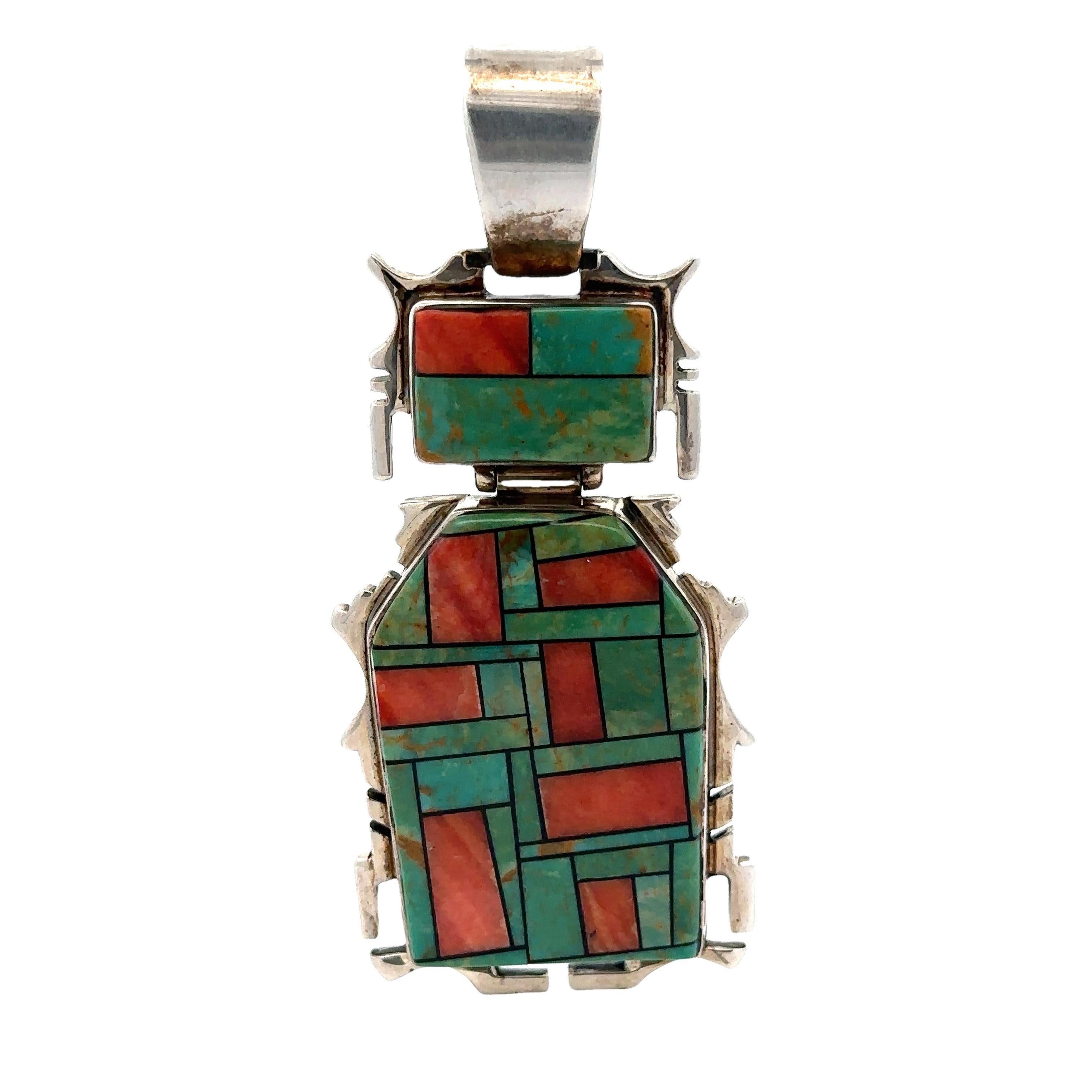 Melvin Cleveland Pendentif Navajo en argent sterling incrusté de mosaïque de turquoises et de corail en vente 1