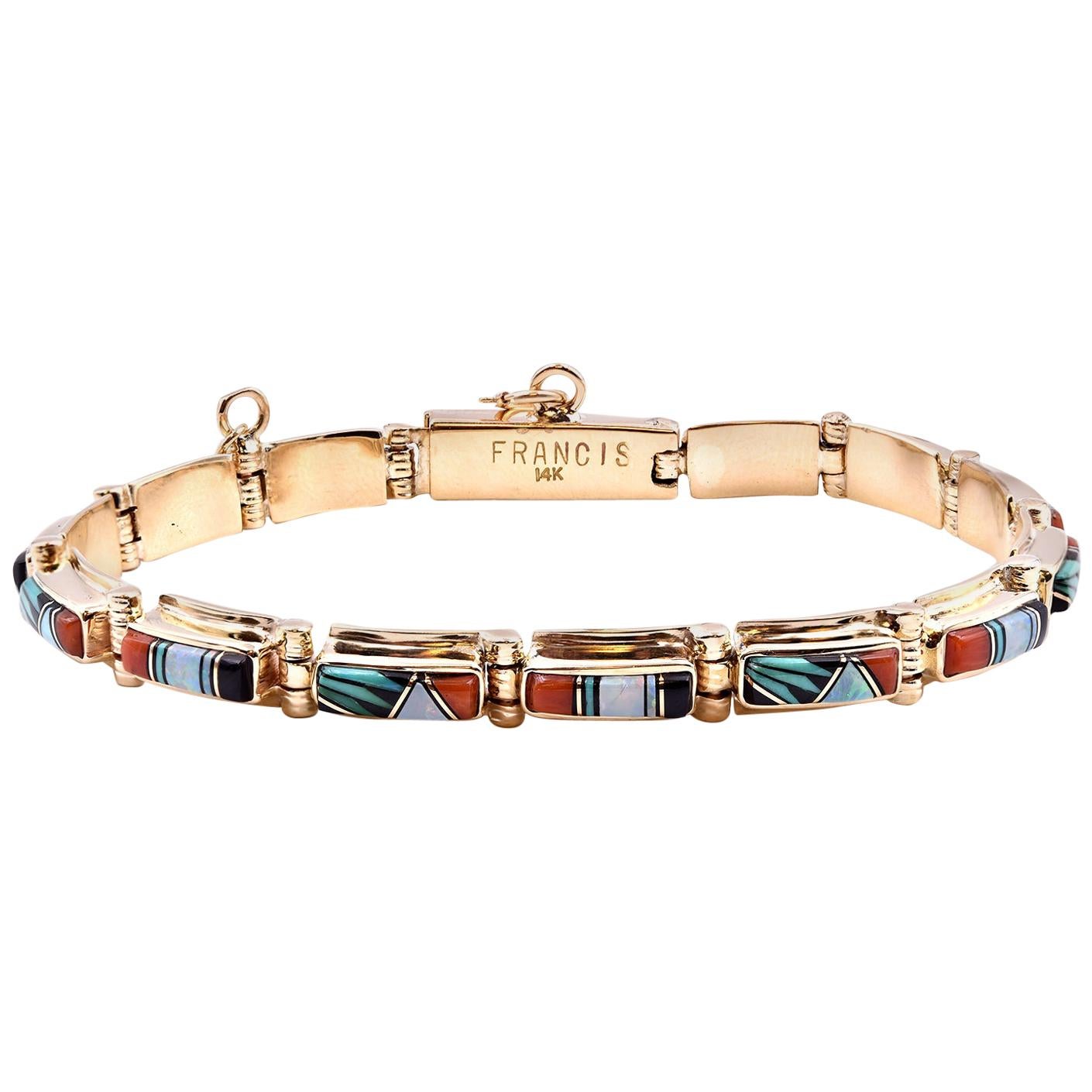 Melvin Francis Navajo 14K Yellow Gold, Coral, Turquoise, MOP, Onyx Link Bracelet