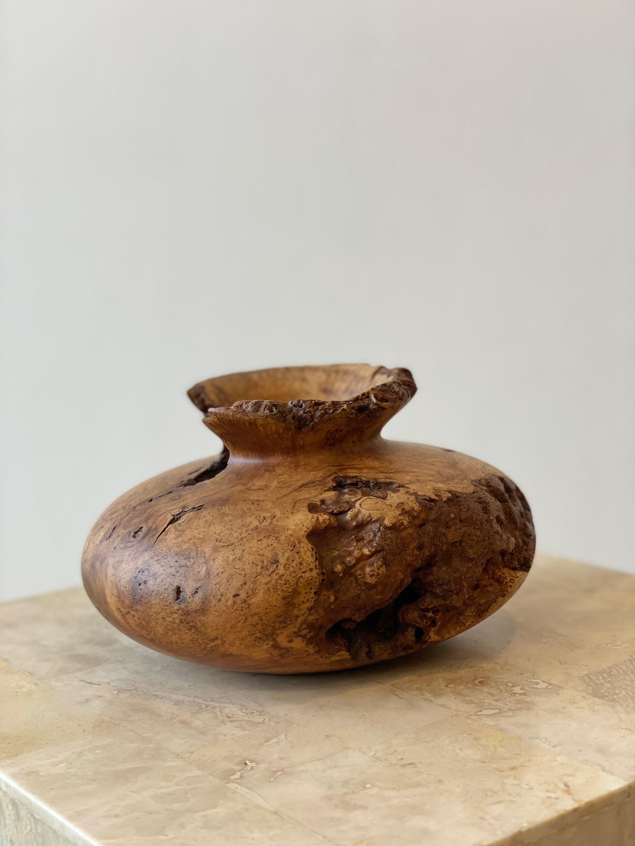 Organic Modern Melvin Lindquist Sculptural Turned Cherry Burl Wood Vase, Signed and Dated 1978 For Sale