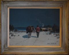 "LINE SHACK" 1964 MELVIN WARREN ESCENA NOCTURNA DE VAQUERO DEL OESTE